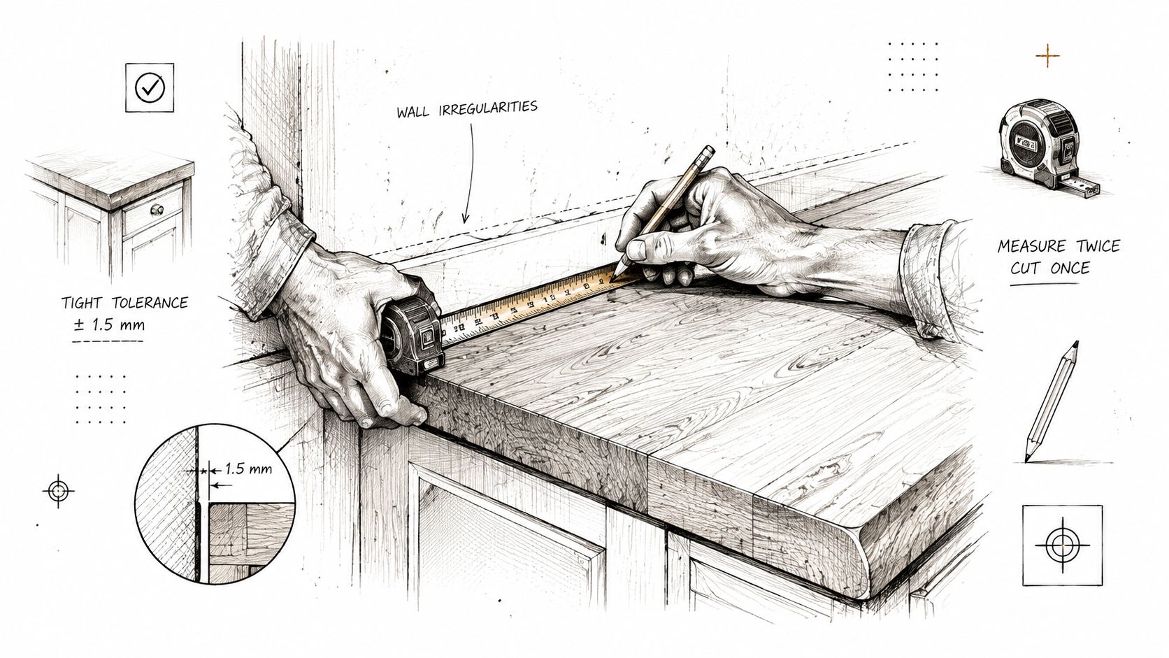 En detaljeret illustration af en håndværker, der nøjagtigt opmåler en bordplade af massivt træ mod en væg.