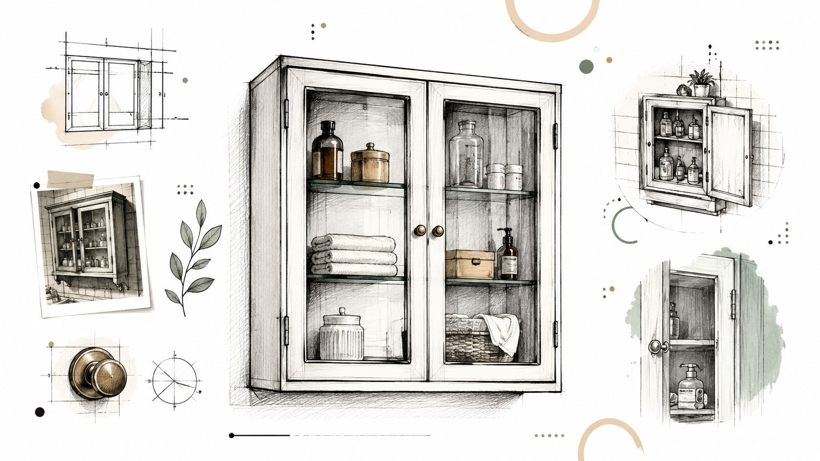 En detaljeret illustration af et elegant væghængt skab med glaslåger og indvendige hylder til badeværelset.