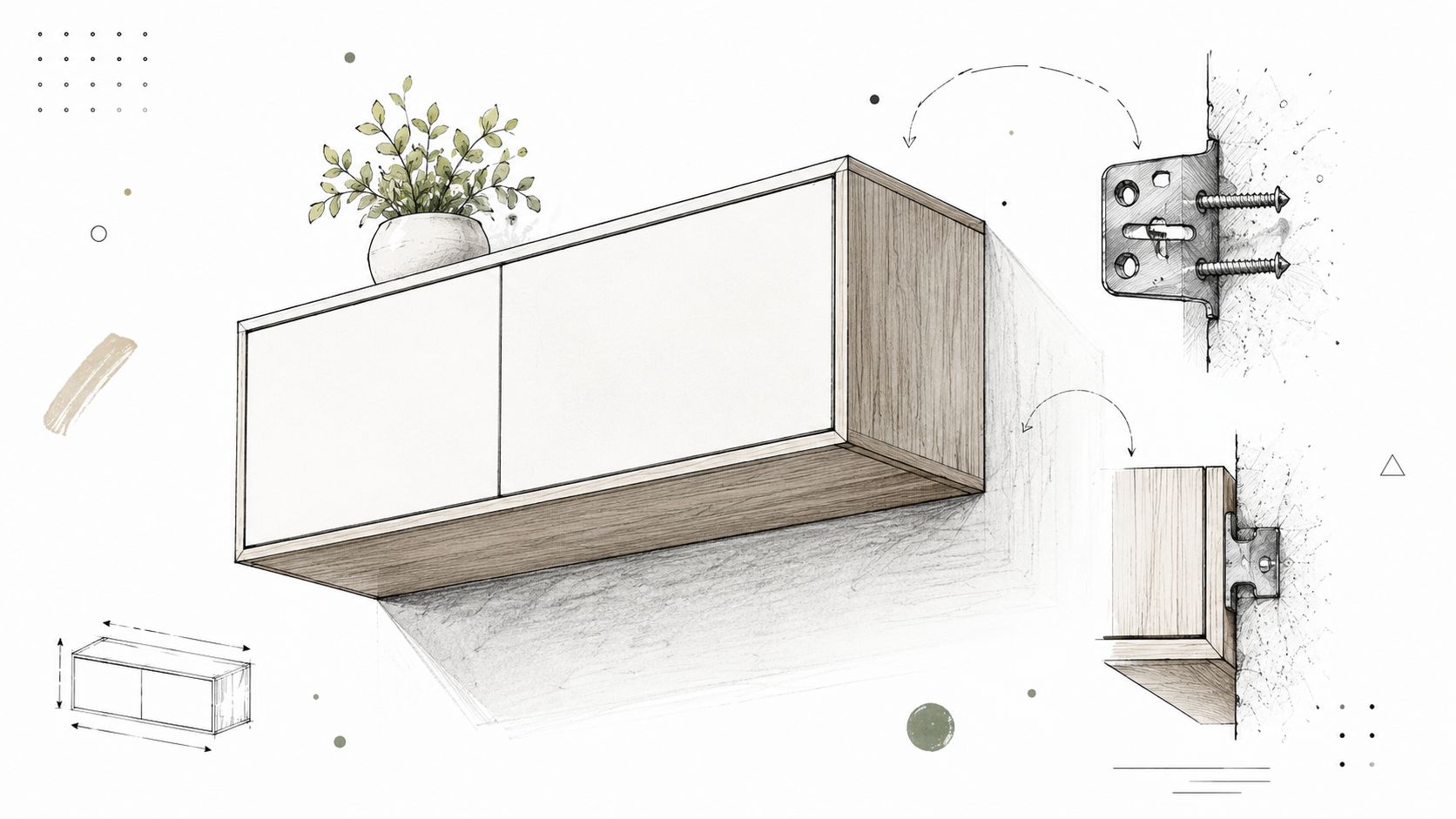 Illustration af et moderne væghængt skab med glaslåger og monteringsdetaljer vist i en teknisk skitsestil.