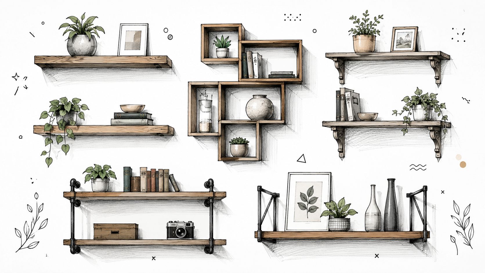 Illustration af forskellige moderne træhylder monteret på en væg med planter, bøger og dekorative genstande.