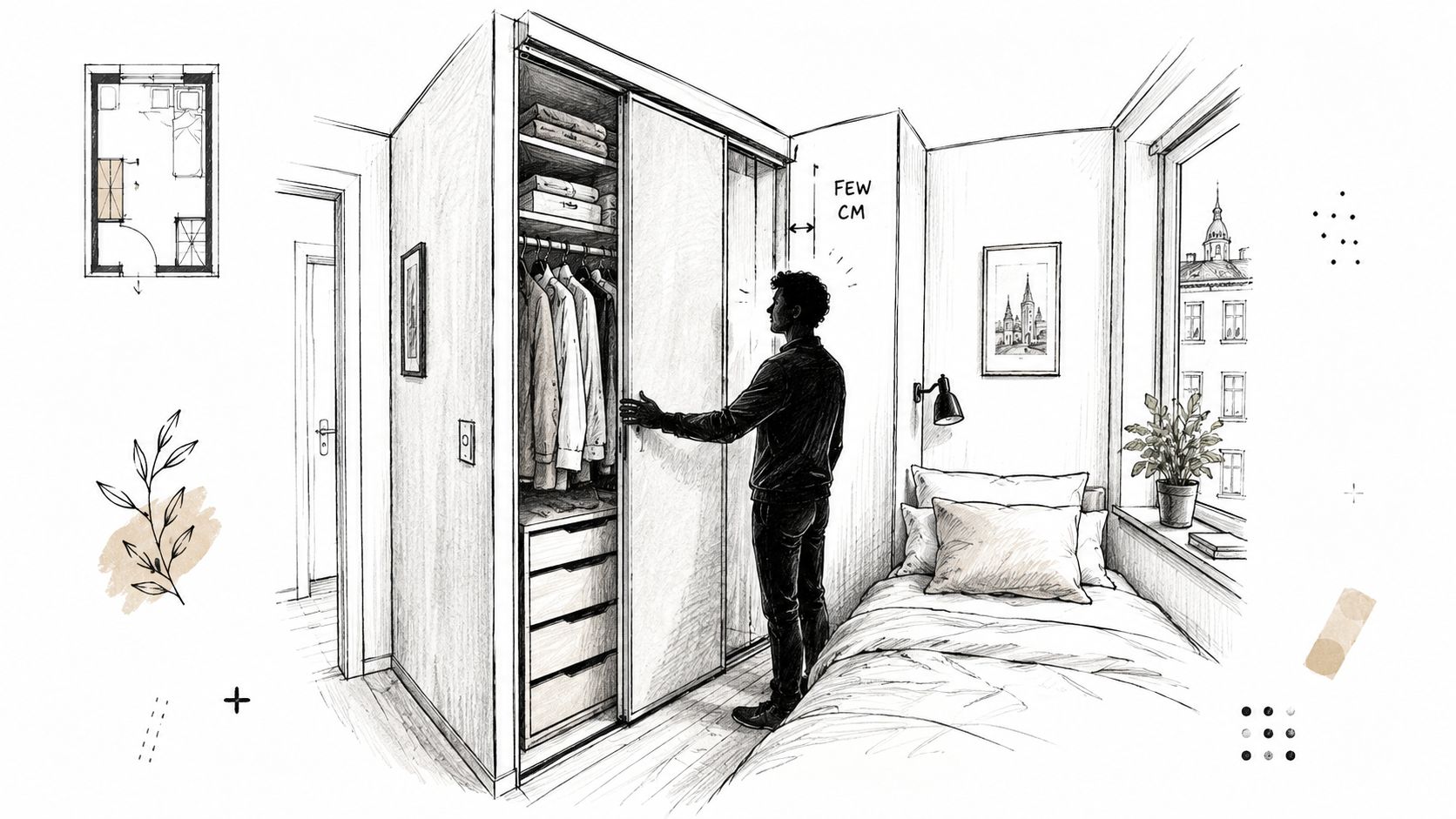 En person åbner en stor garderobe med skydelåger i et moderne, lyst soveværelse med en seng.