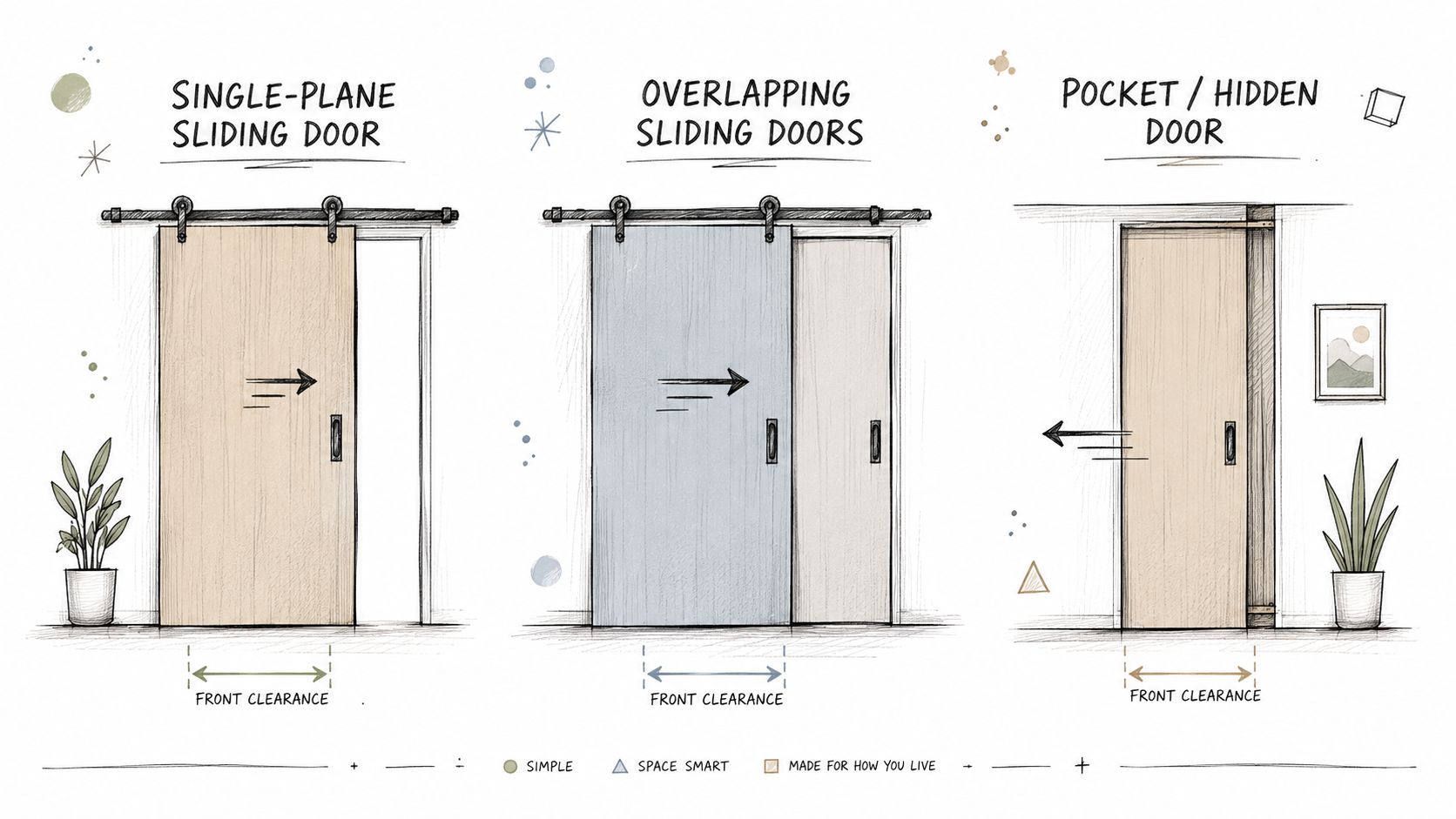 Illustration af tre forskellige typer skydedøre inklusive enkeltdør, overlappende døre og en skjult lommedør.