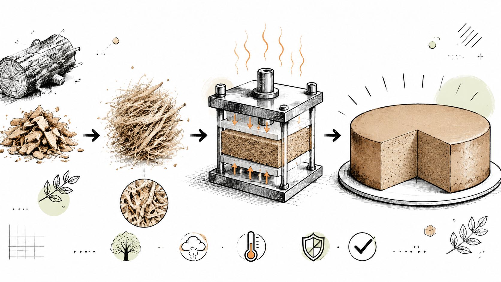 En illustration der viser fremstillingsprocessen af MDF-plader fra træstammer til færdigpresset materiale under varme.