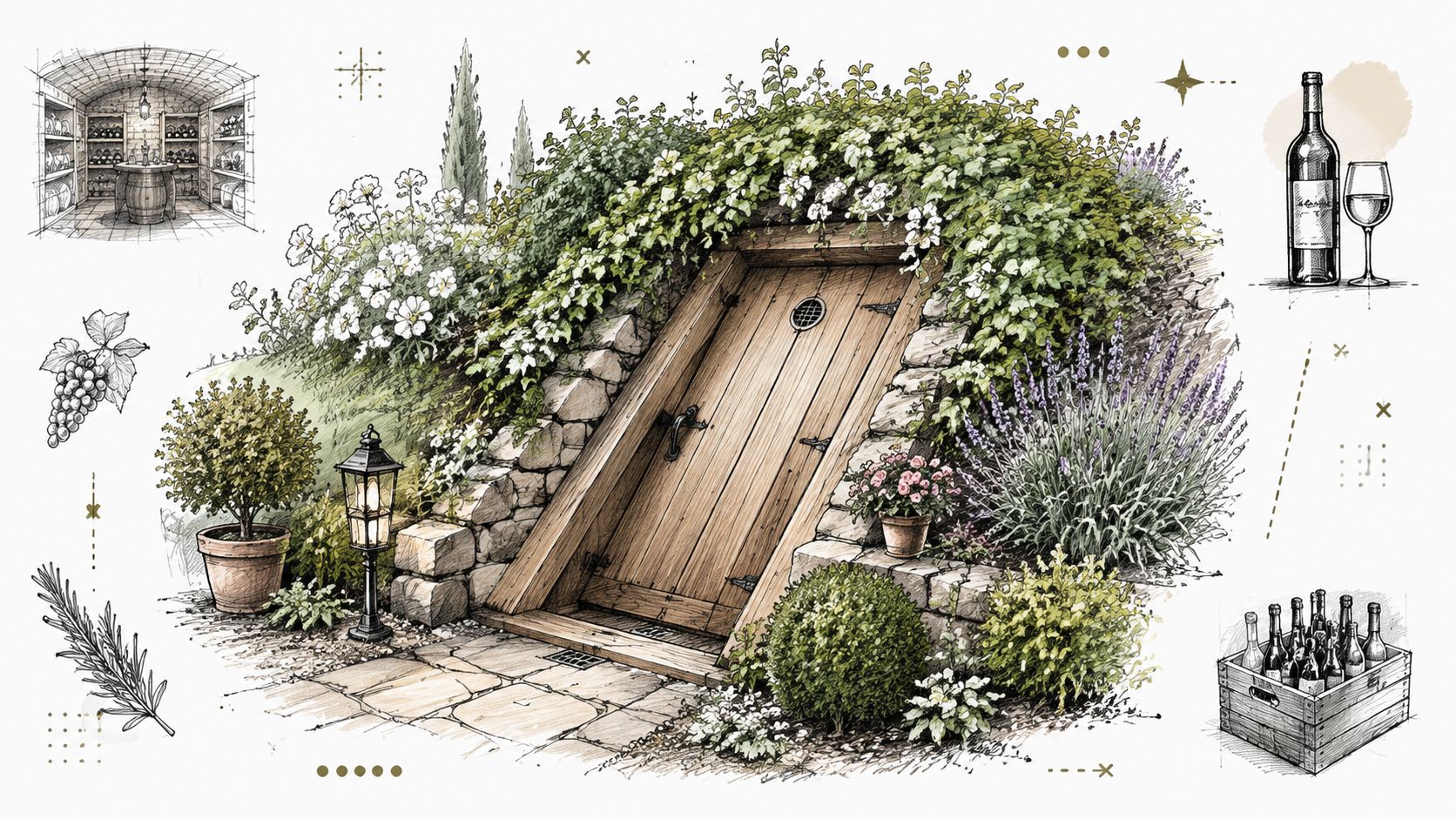 En smukt illustreret vinkælder i en have med trædør, blomster og vinkasser i et malerisk miljø.