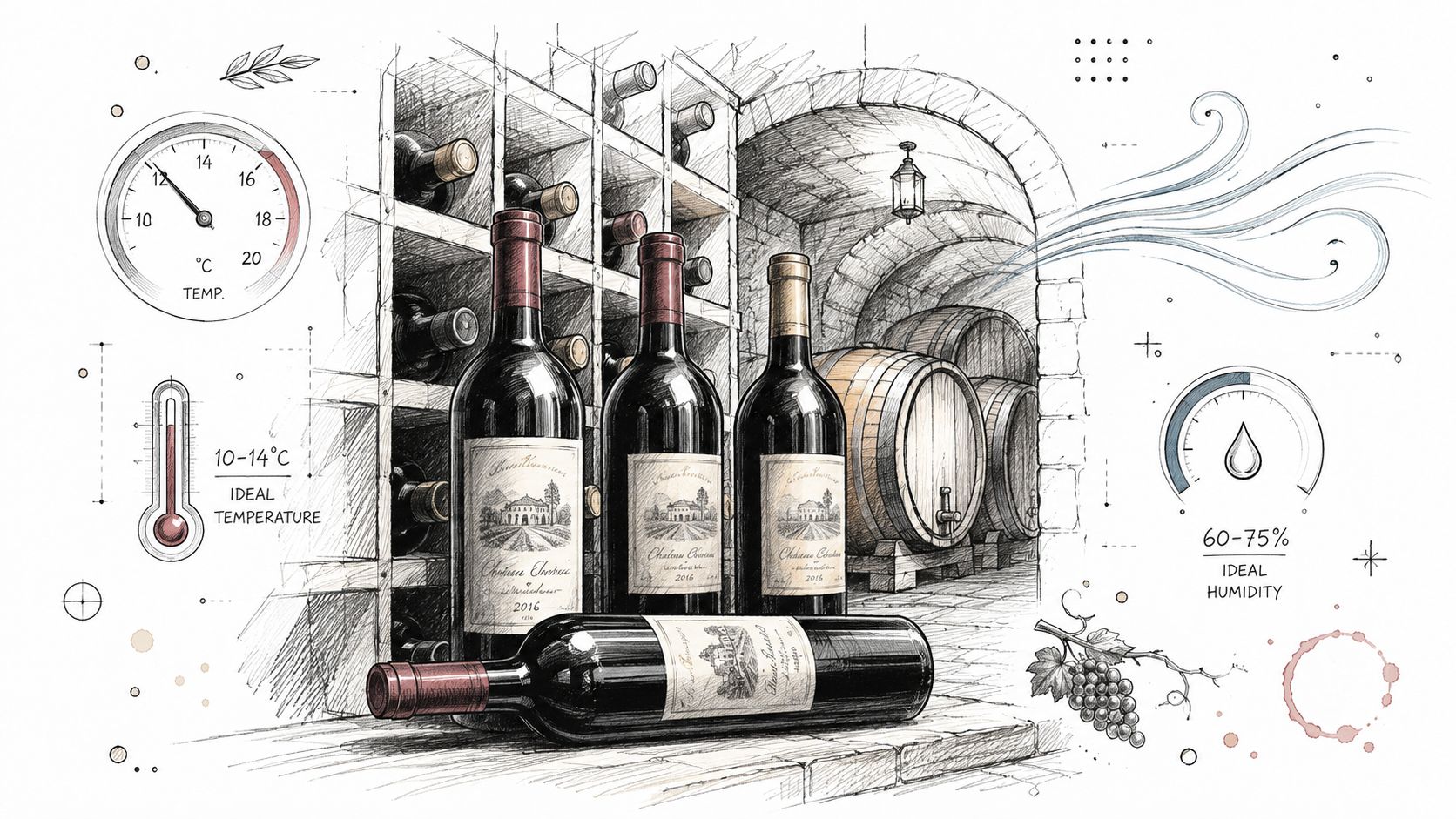 Illustration af en vinkælder med vinflasker, egetræsfade, temperaturmåler og luftfugtighedskontrol for optimal vinopbevaring i haven.