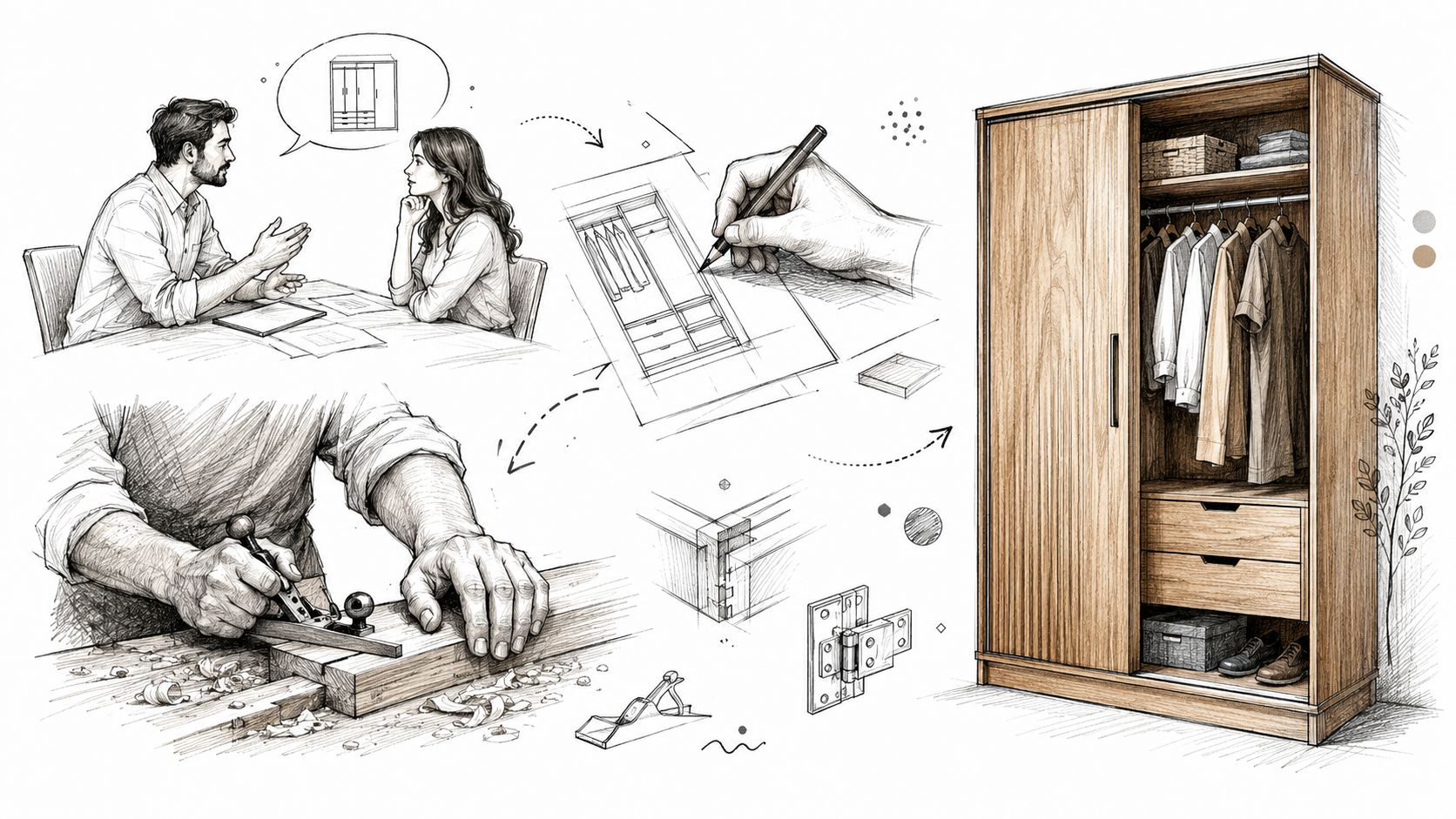 Illustration der viser designprocessen fra konsultation og tegning til fremstilling af et garderobeskab i træ.