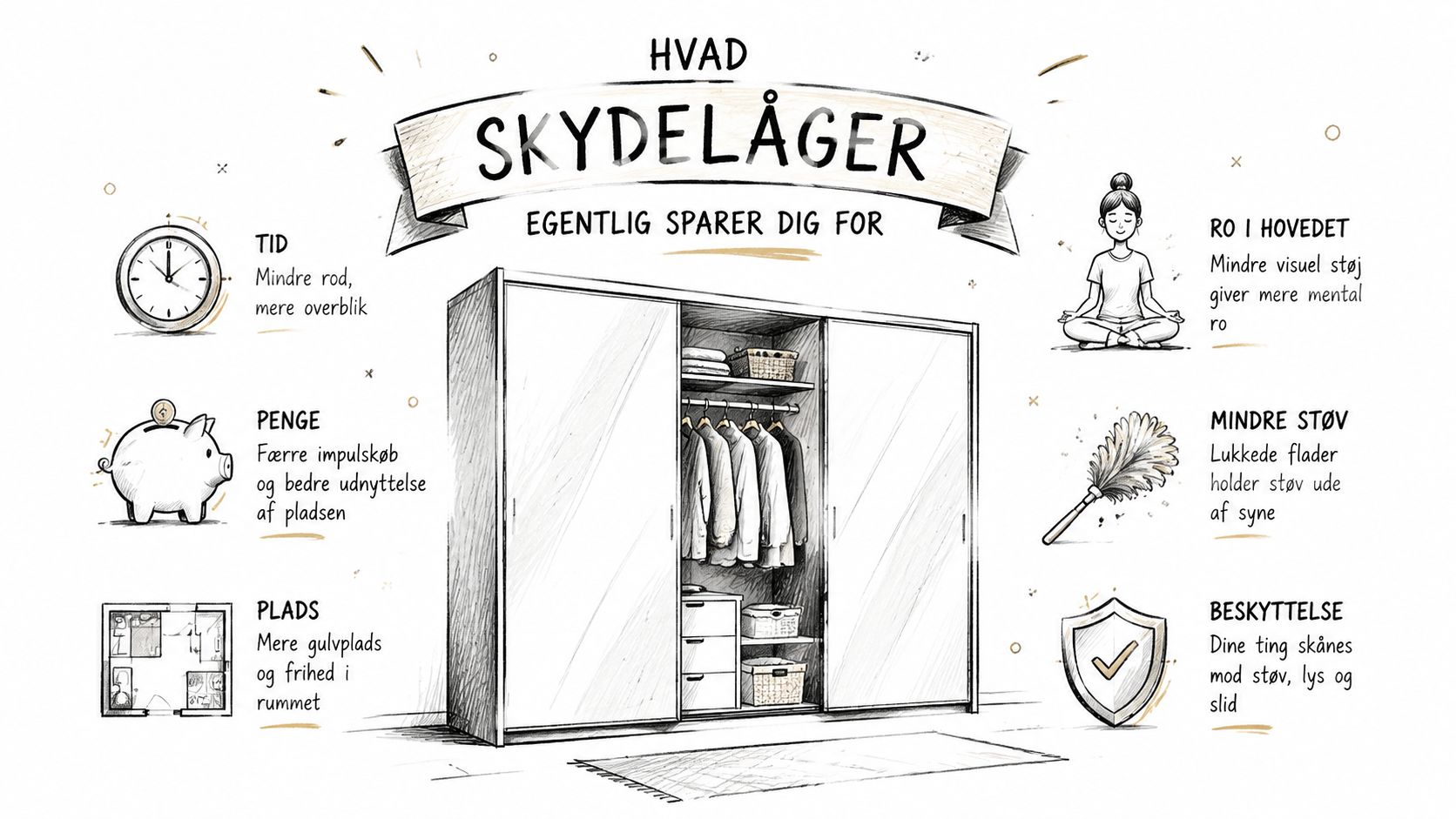 En illustration der viser fordelene ved et indbygget skab med skydelåger til hjemmet og organisering.