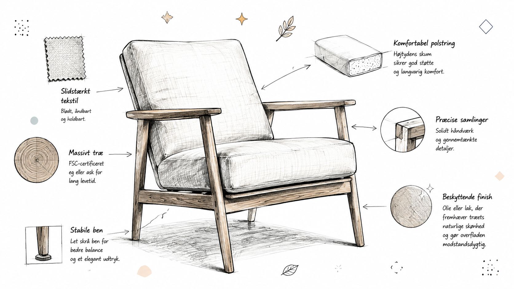 En detaljeret skitse af en moderne lænestol med fokus på materialer som massivt træ og blødt tekstil.