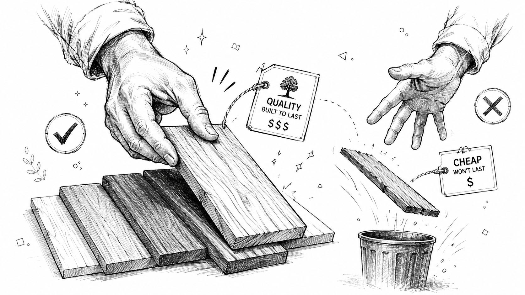 Illustration der sammenligner træ af høj kvalitet med billigt materiale, der kastes i en skraldespand.