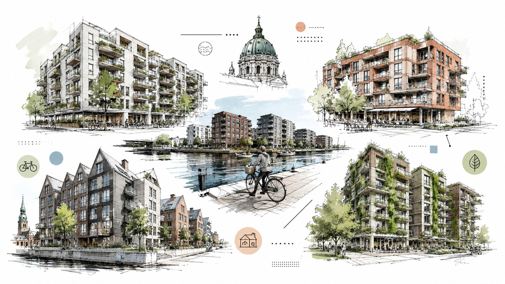 En detaljeret illustration af moderne arkitektoniske boligbyggerier langs vandet i et bymiljø med grønne områder.
