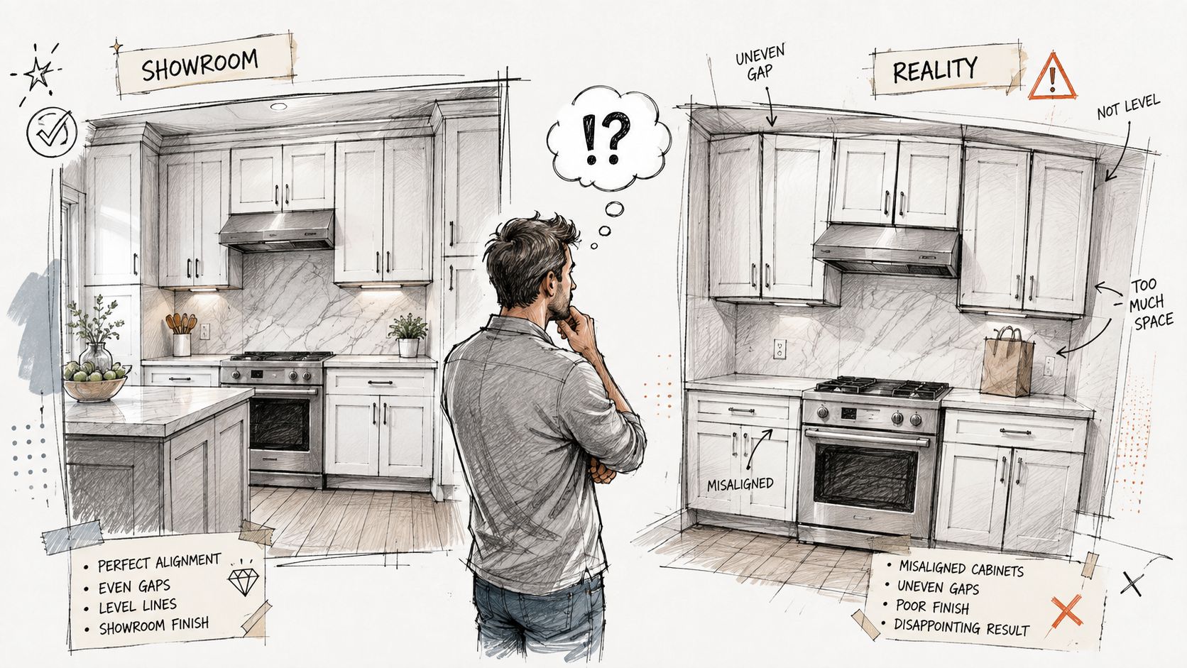 Illustration af en mand der sammenligner et perfekt udstillingskøkken med et dårligt udført køkken i virkeligheden.