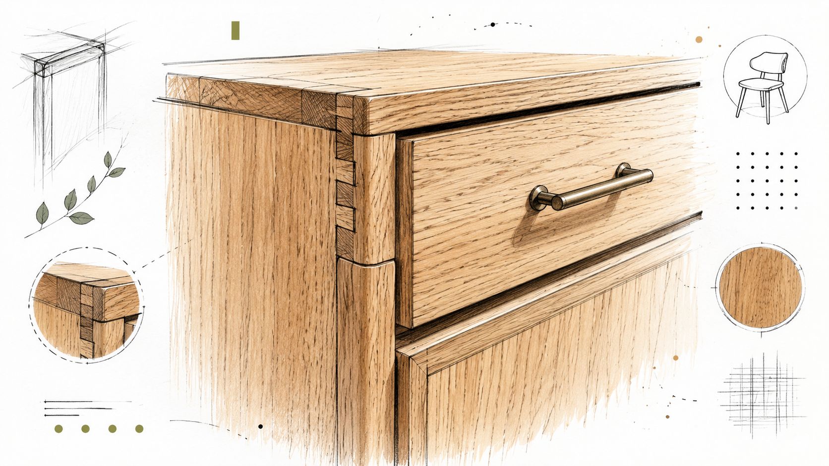 En detaljeret illustration af et elegant egetræsmøbel med svalehalesamlinger og moderne møbeldetaljer i et klassisk dansk design.