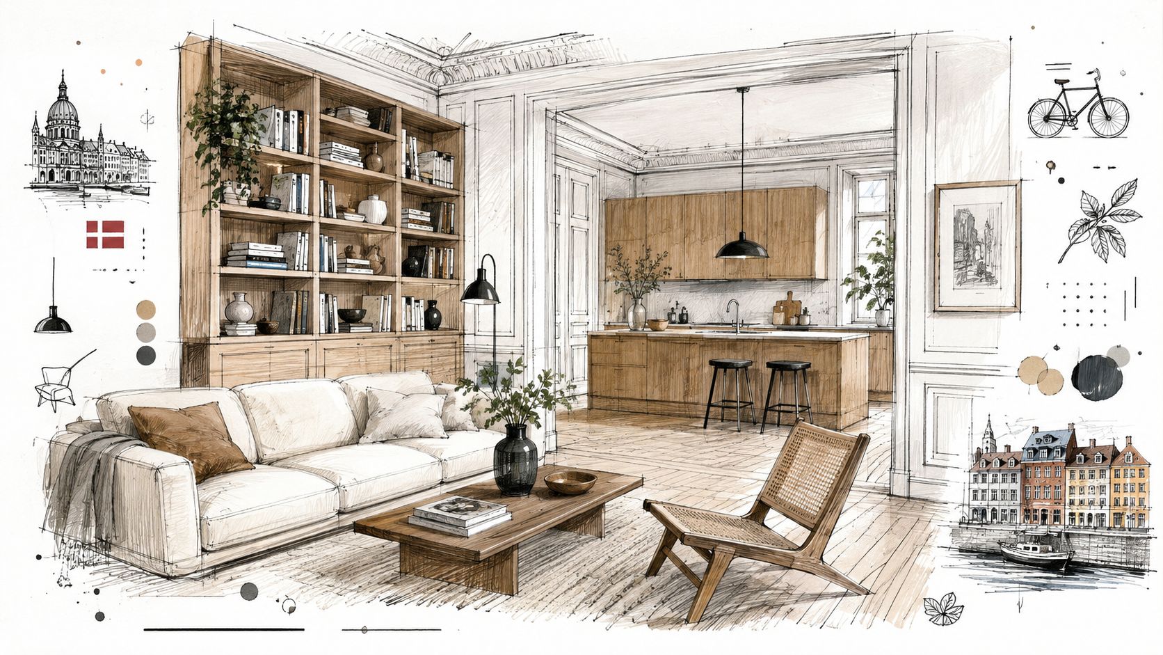 En elegant tegning af en moderne stue med klassisk dansk design, lyst træ og hyggelig atmosfære.