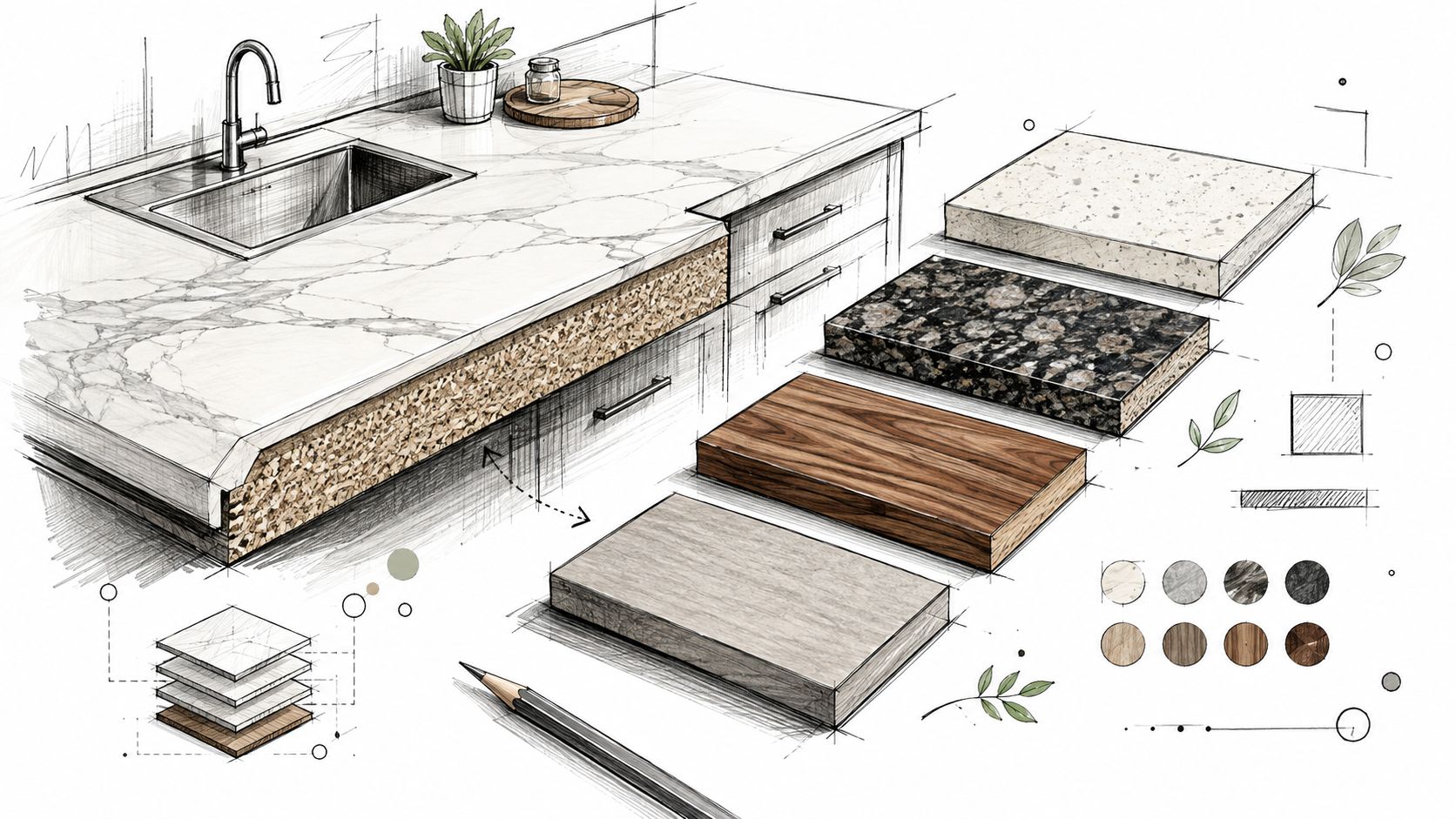 Skitse af køkkenbordplade med forskellige materialeprøver og teksturer vist i et arkitektonisk designkoncept