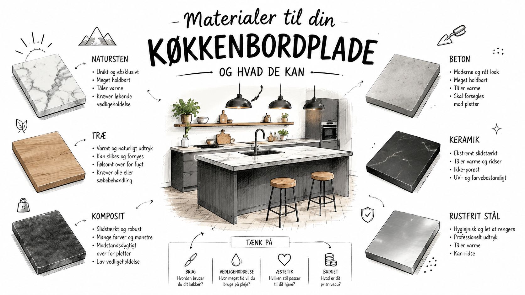 En grafisk oversigt over forskellige køkkenbordpladematerialer som natursten, træ, komposit, beton, keramik og rustfrit stål med beskrivelser.