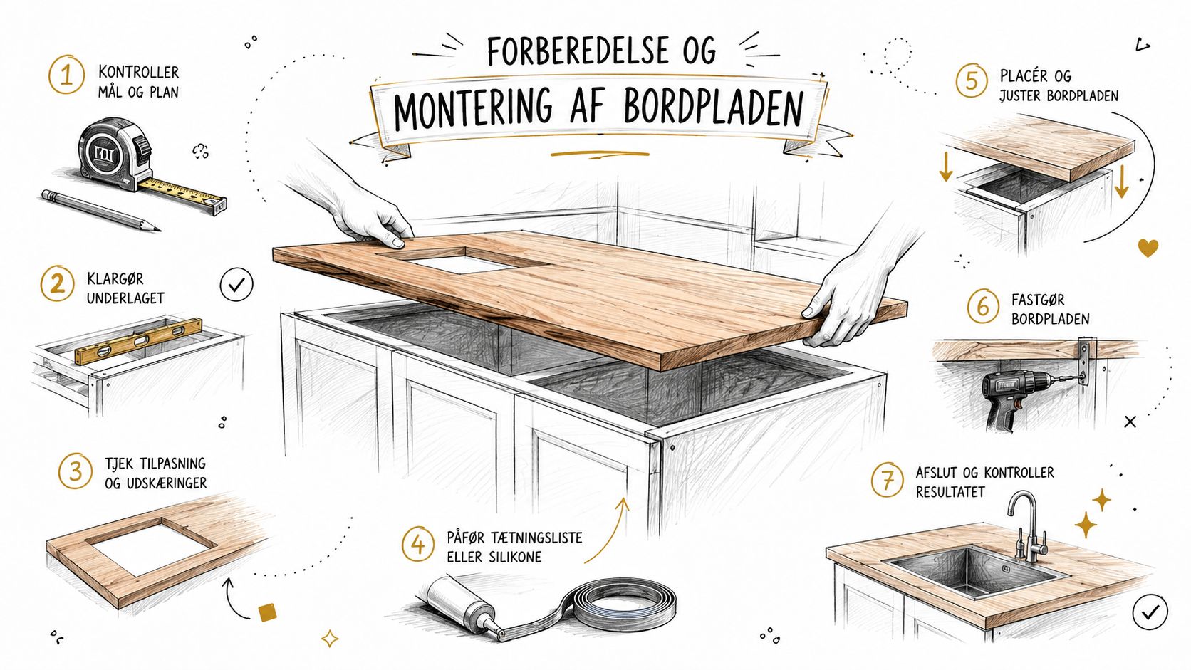 Illustration af syv trin til forberedelse og montering af en køkkenbordplade med vask i et hjem.