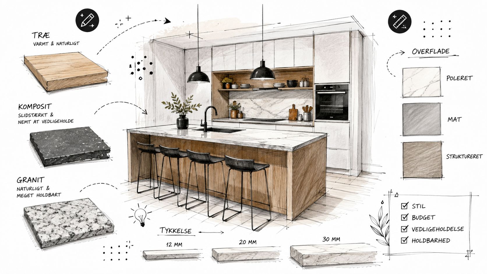 Skitse af et moderne køkken med illustrationer af forskellige materialer, overflader og bordpladetykkelser til inspiration.