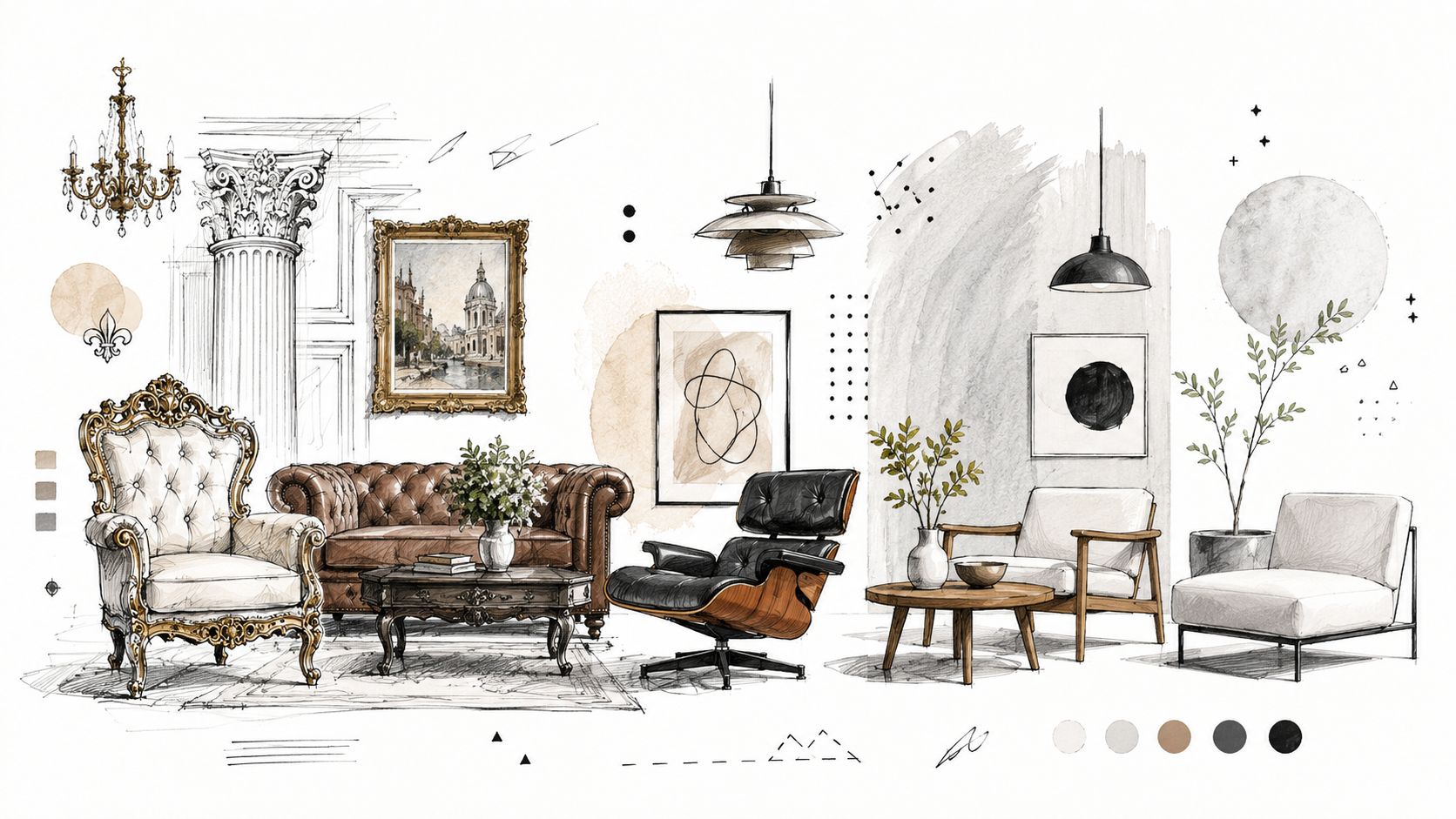 En illustration af forskellige møbelstilarter, der viser en blanding af klassisk luksus og moderne minimalistisk indretningsdesign.