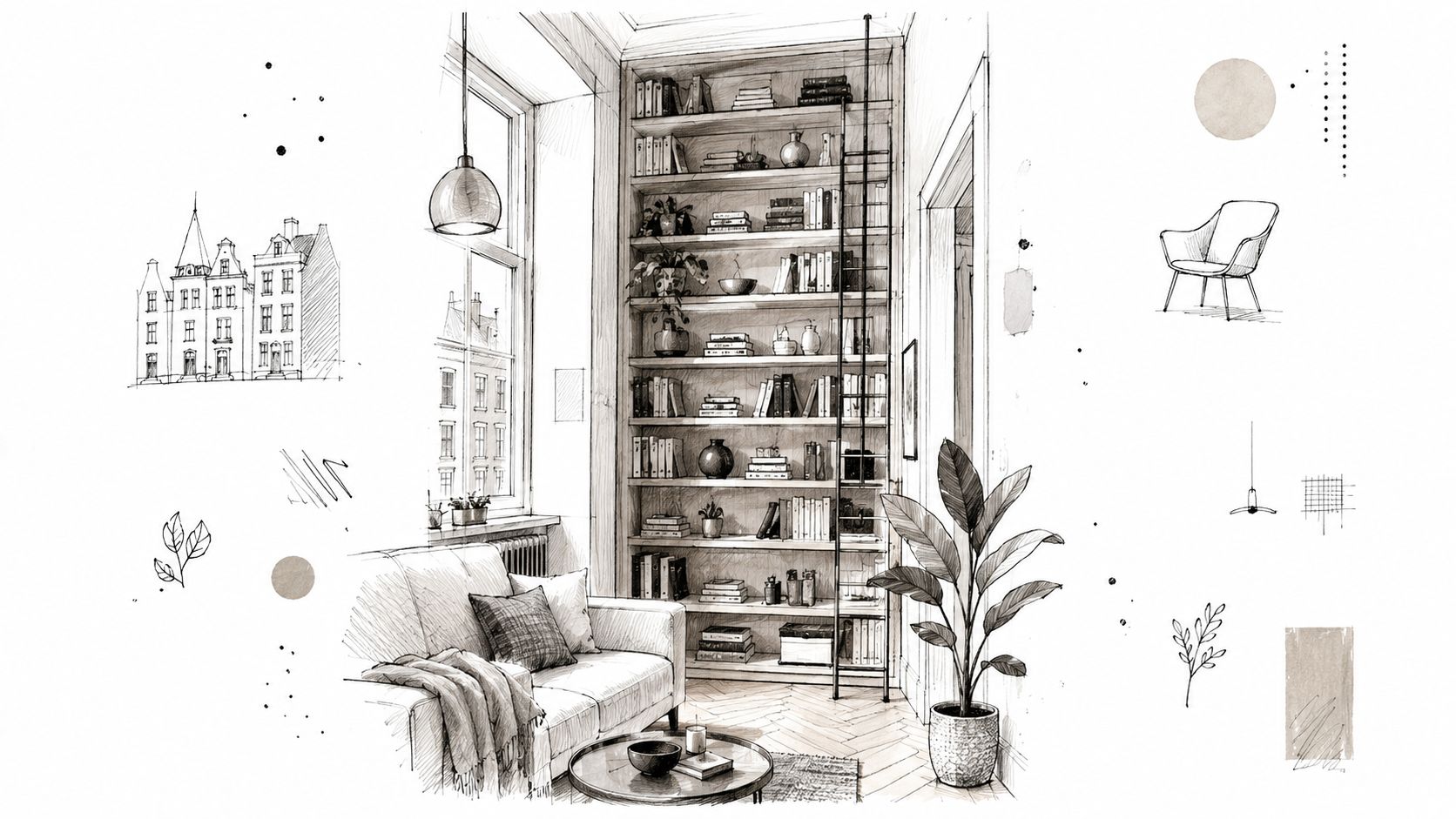 En elegant tegning af en hyggelig stue med en stor bogreol fra gulv til loft og sofa.