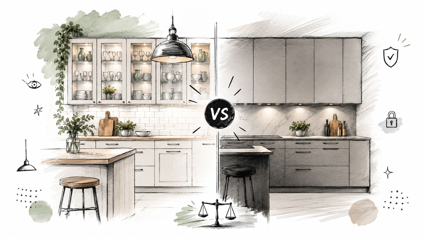 Illustration der sammenligner et køkken med glaslåger og et moderne køkken med lukkede fronter og minimalistisk design.
