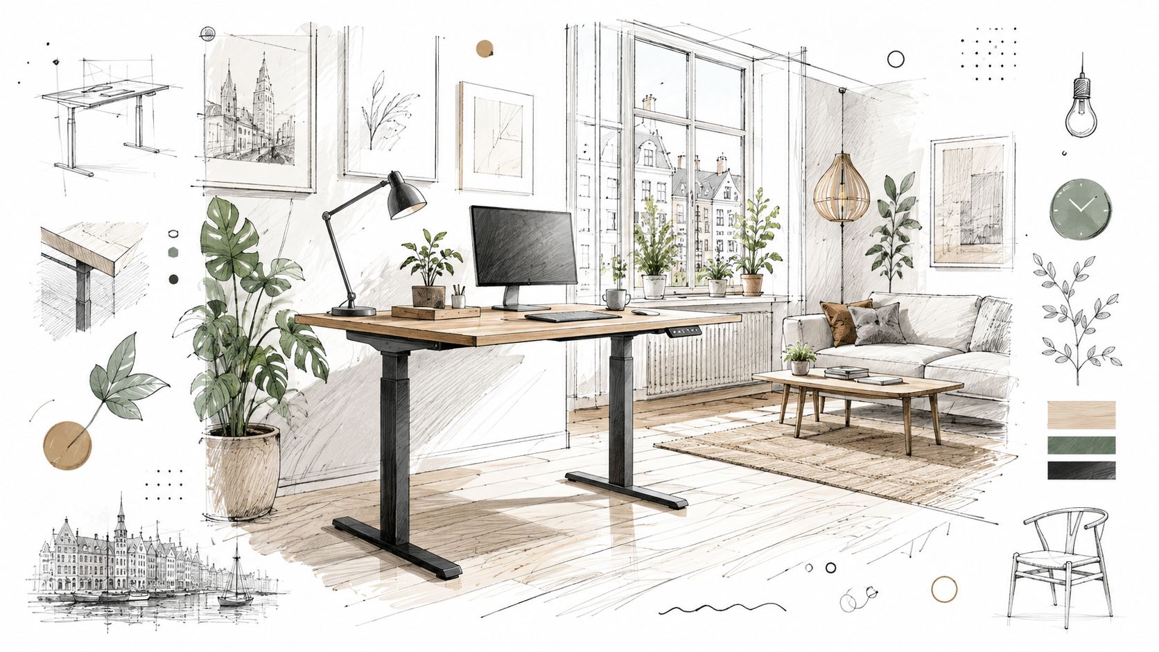 Et moderne hæve-sænke-bord i træ placeret i en hyggelig og stilfuld stue med planter og indretningsdetaljer.