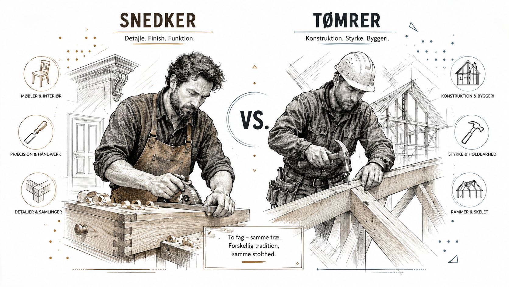 Illustration der sammenligner en snedker, der arbejder med finere trædetaljer, med en tømrer, der bygger en trækonstruktion.