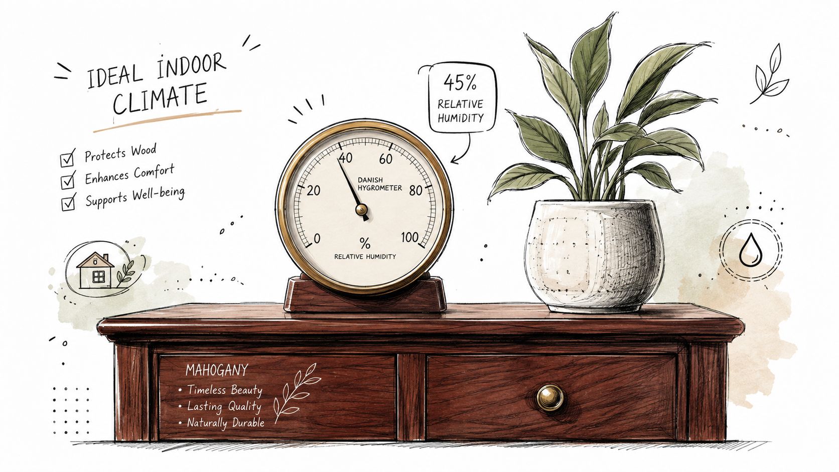 Dansk hygrometer placeret på et mahognimøbel med en potteplante for at illustrere det ideelle indendørsklima.