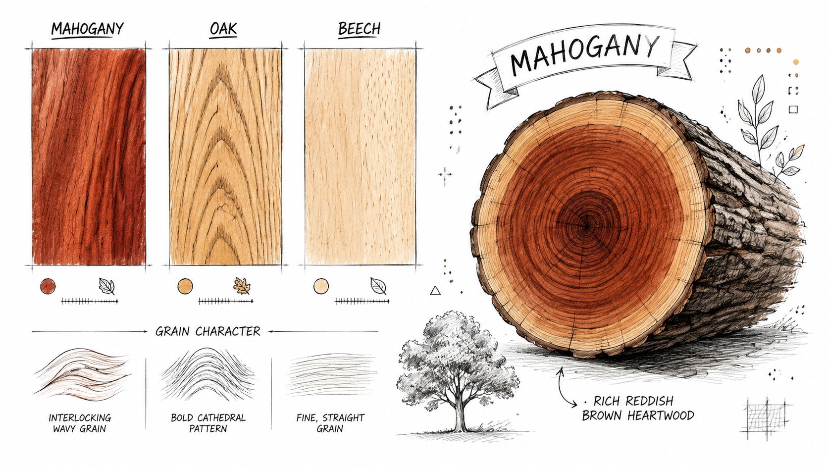 Illustration af forskellige træsorter som mahogni, eg og bøg med detaljer om åretegninger og stamme