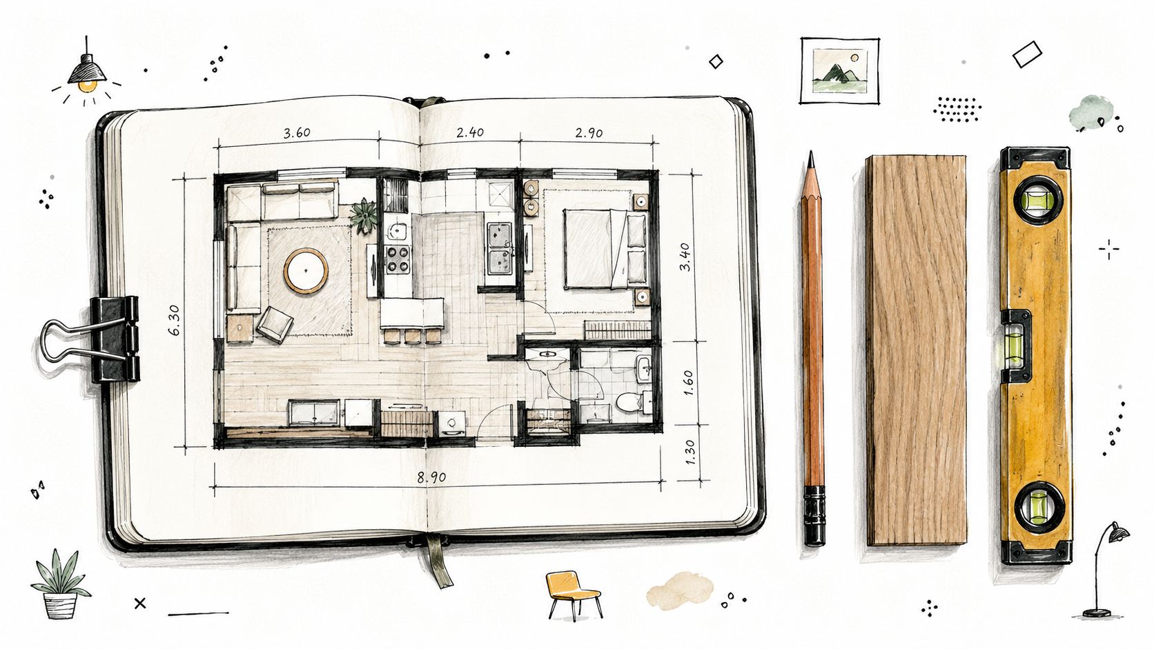En arkitekttegning af en lejlighed i en notesbog ved siden af en blyant og et vaterpas.