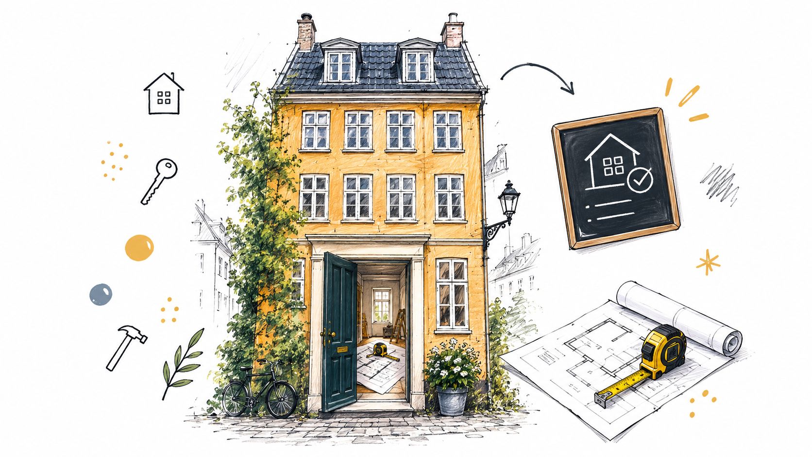 En flot illustration af et gulmalet københavnerhus med renoveringsværktøjer, en plantegning og en tjekliste for boligforbedring.