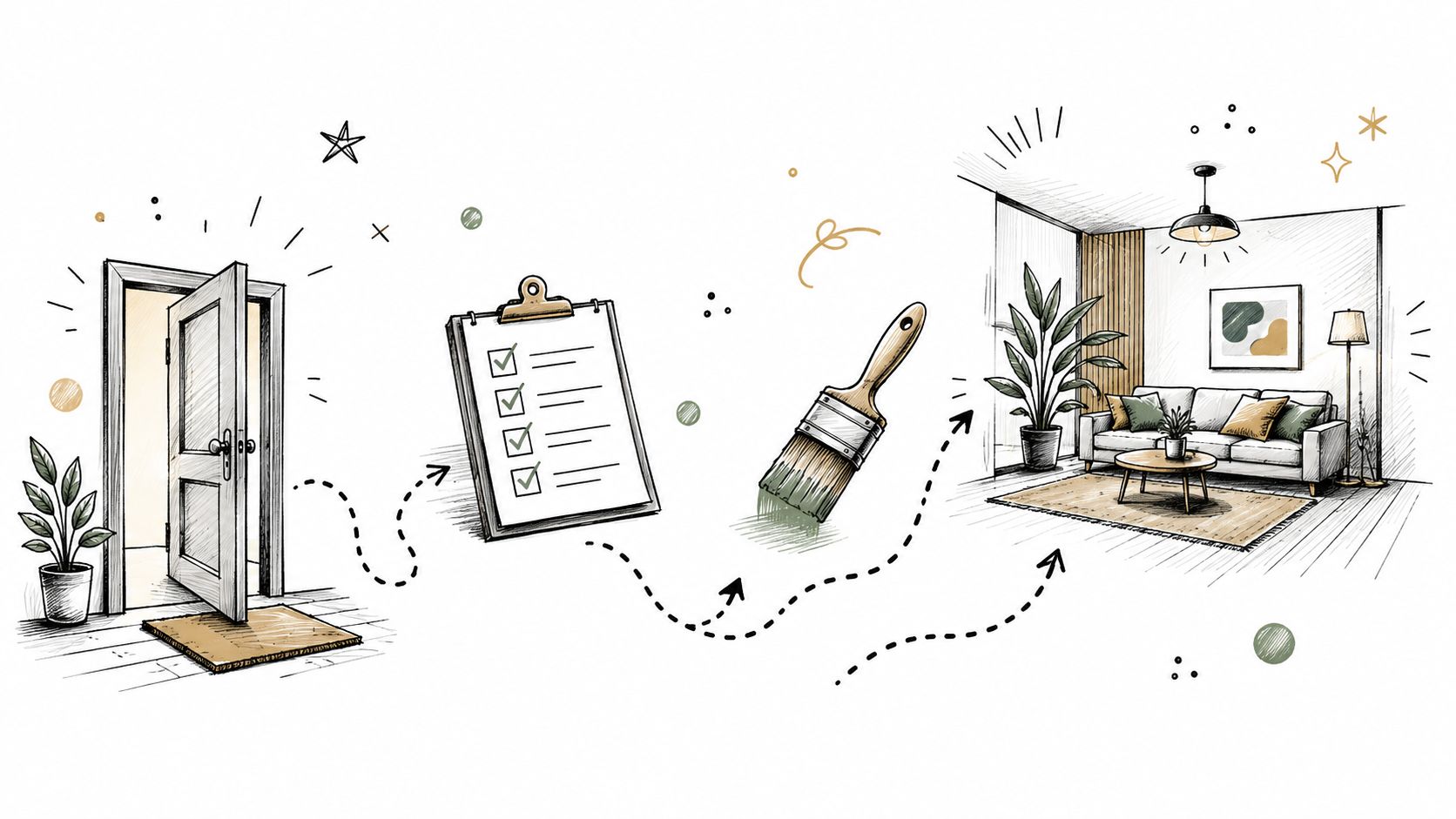 Illustration af en proces fra entré til færdigrenoveret stue med tjekliste og malerpensel for boligforbedring.