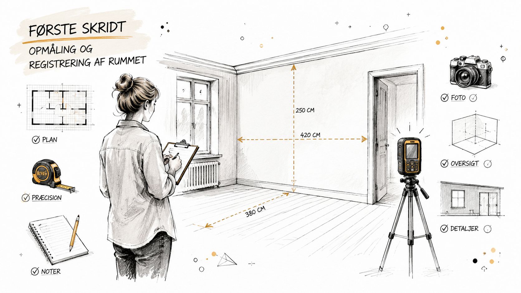 En kvinde måler et rum op med målebånd og laser for at forberede en renovering eller indretning.