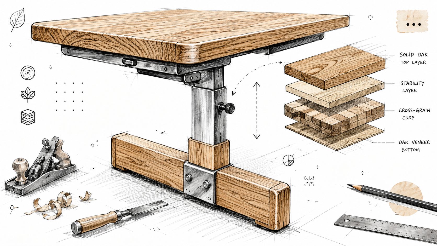 En skitse af et lille hæve-sænkebord med en lagdelt illustration, der viser bordpladens opbygning af træmaterialer.