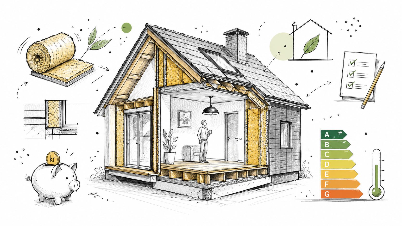 Illustration af et energieffektivt hus med isolering, der sparer penge og forbedrer energiklassen for boligen.