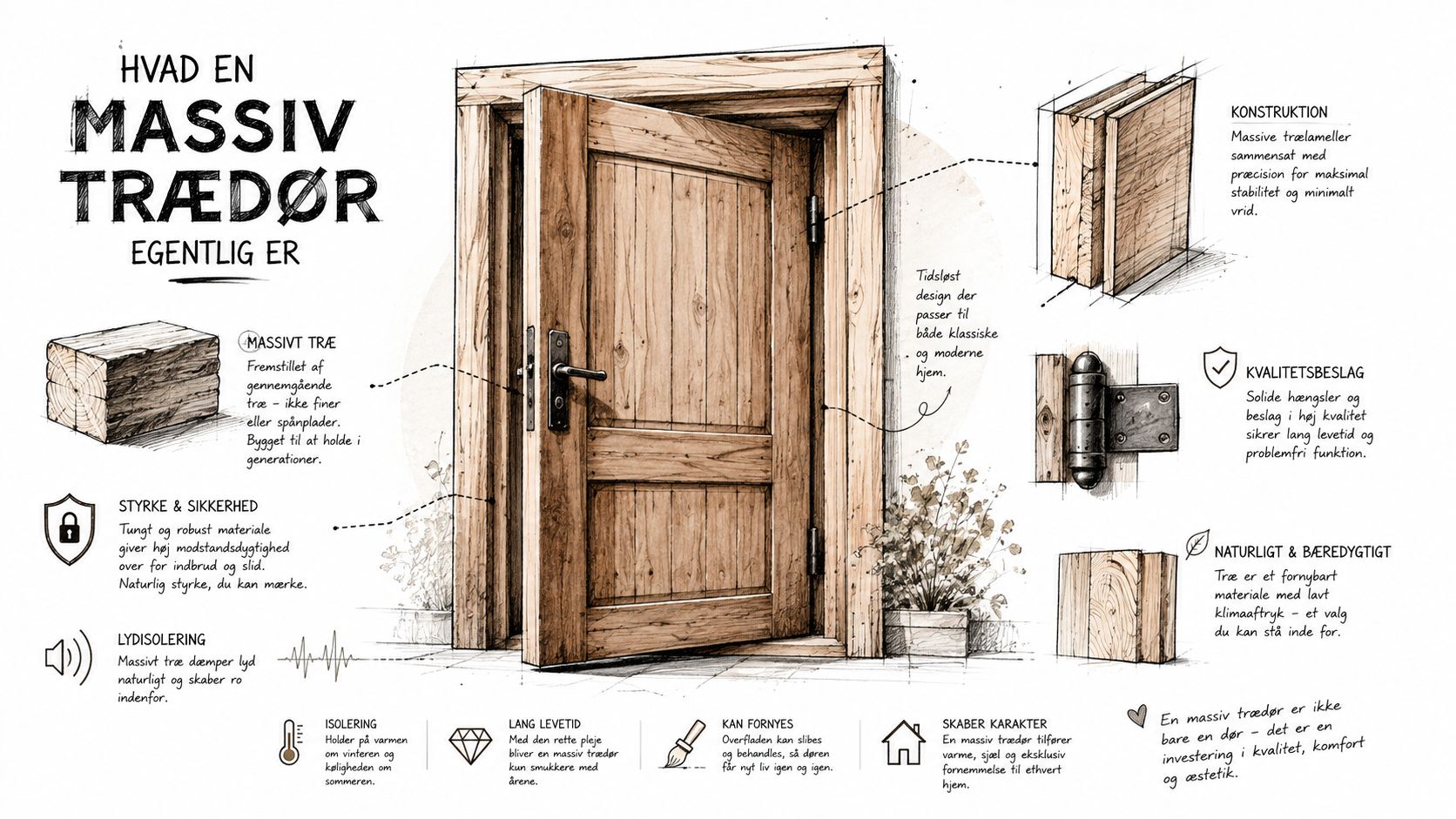 En detaljeret illustration der forklarer fordelene og konstruktionen af en dør fremstillet i massivt træ.