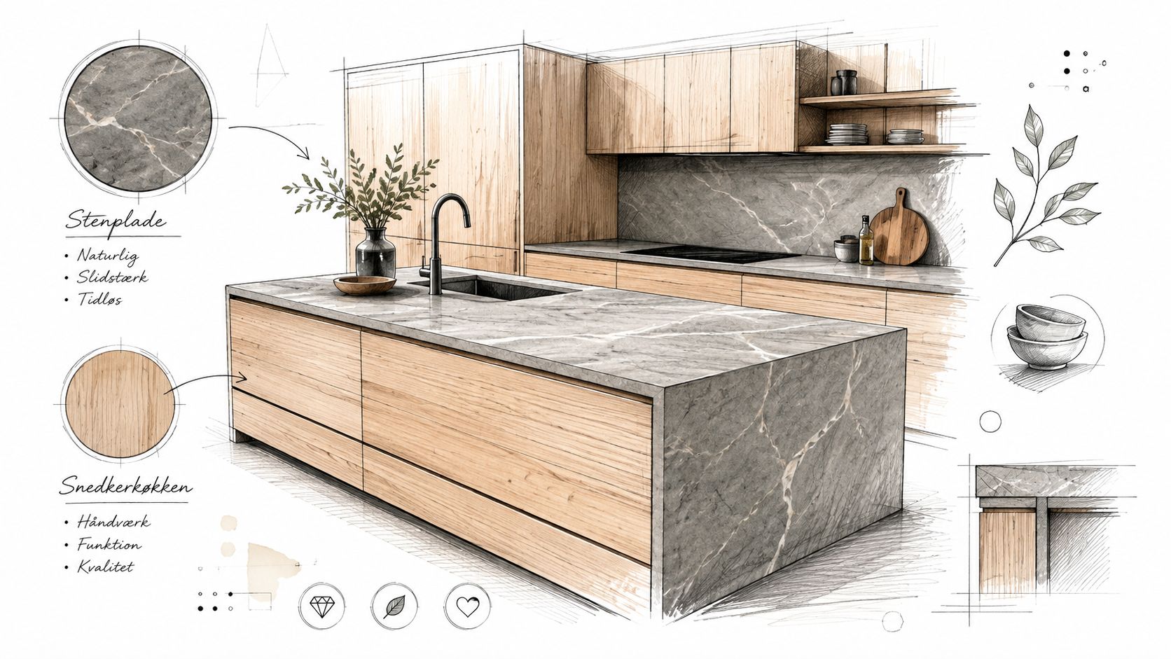 En arkitektonisk skitse af et moderne køkken med træskabe og en elegant bordplade i natursten.