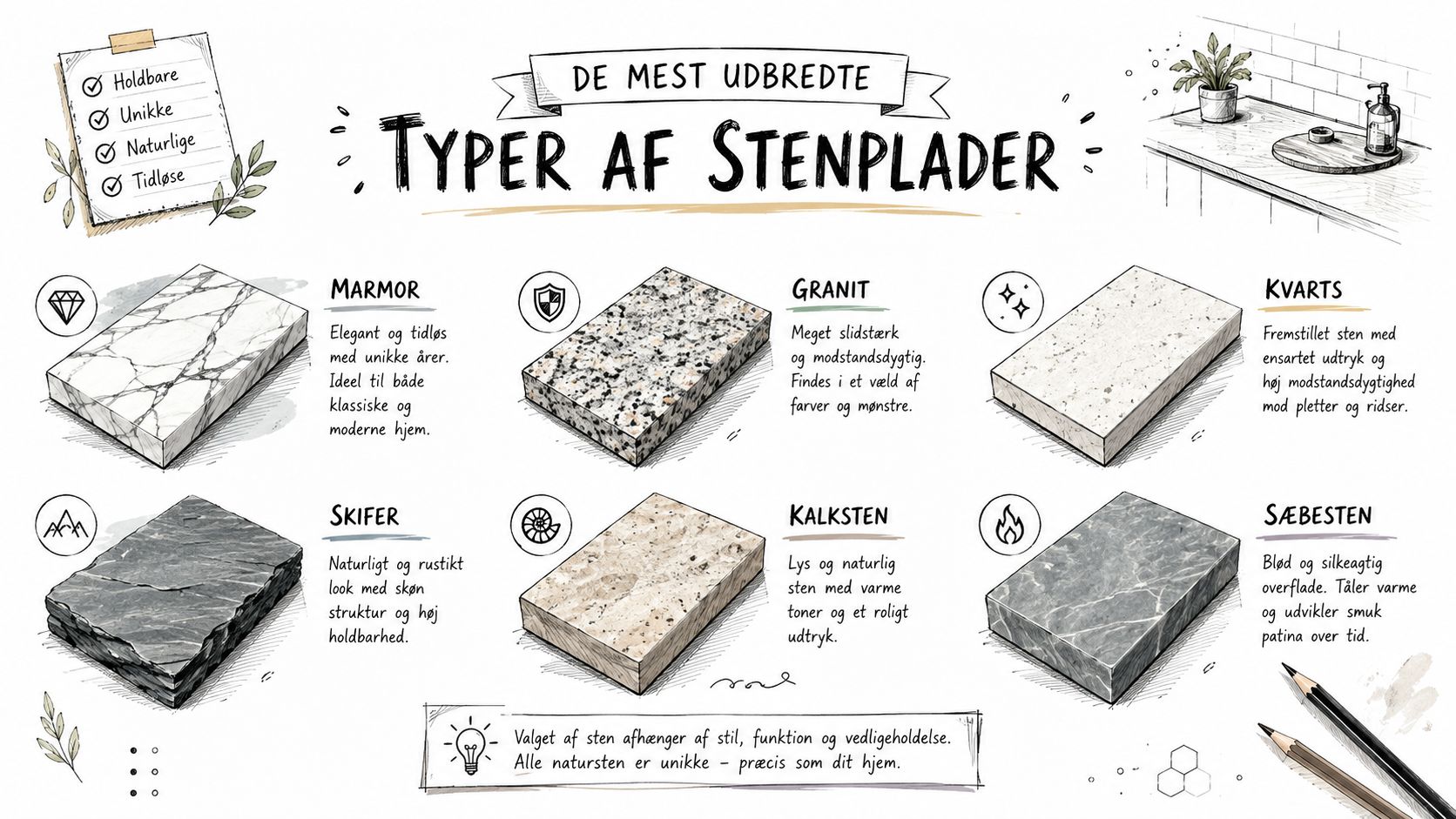 En illustreret oversigt over forskellige populære materialer til bordplader i sten, herunder marmor, granit, kvarts, skifer, kalksten og sæbesten.