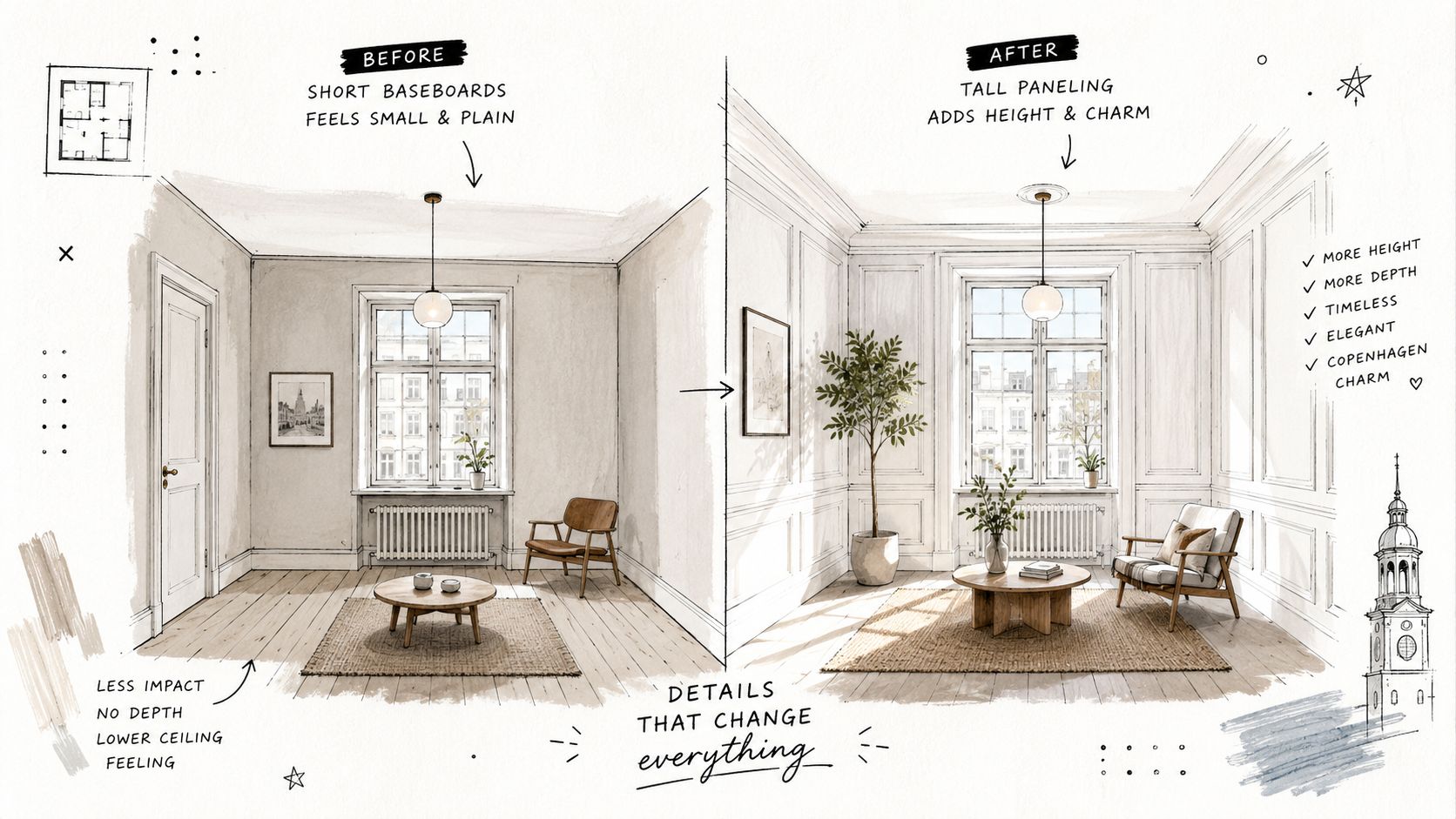 Illustration der viser forskellen mellem et rum med korte fodpaneler og et rum med elegante høje vægpaneler.