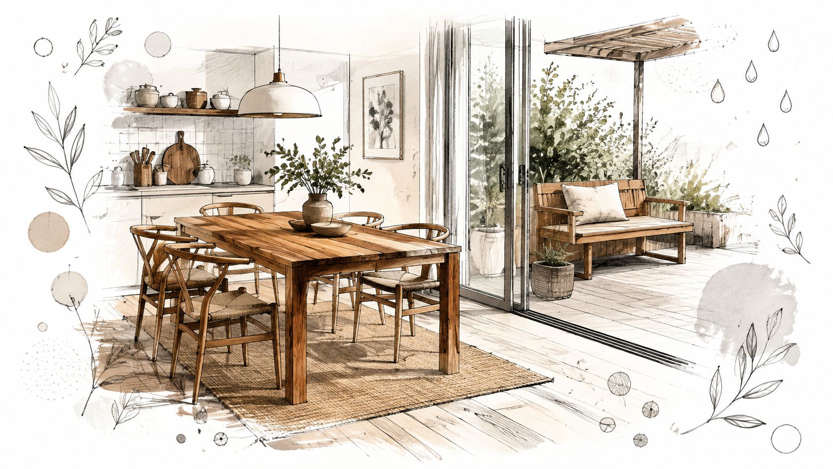 Moderne spisestue med teak træ møbler og udendørs terrasse, der skaber en rolig og naturlig atmosfære i hjemmet.