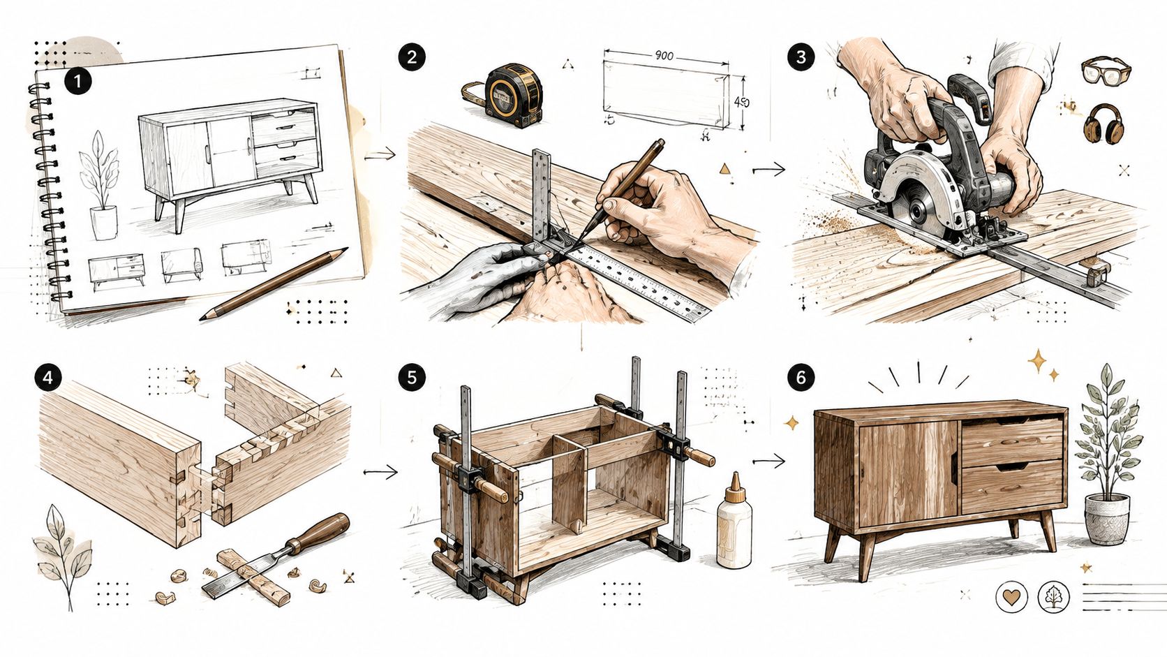 En detaljeret illustration, der viser seks trin til at bygge et moderne træmøbel fra skitse til færdigt produkt.