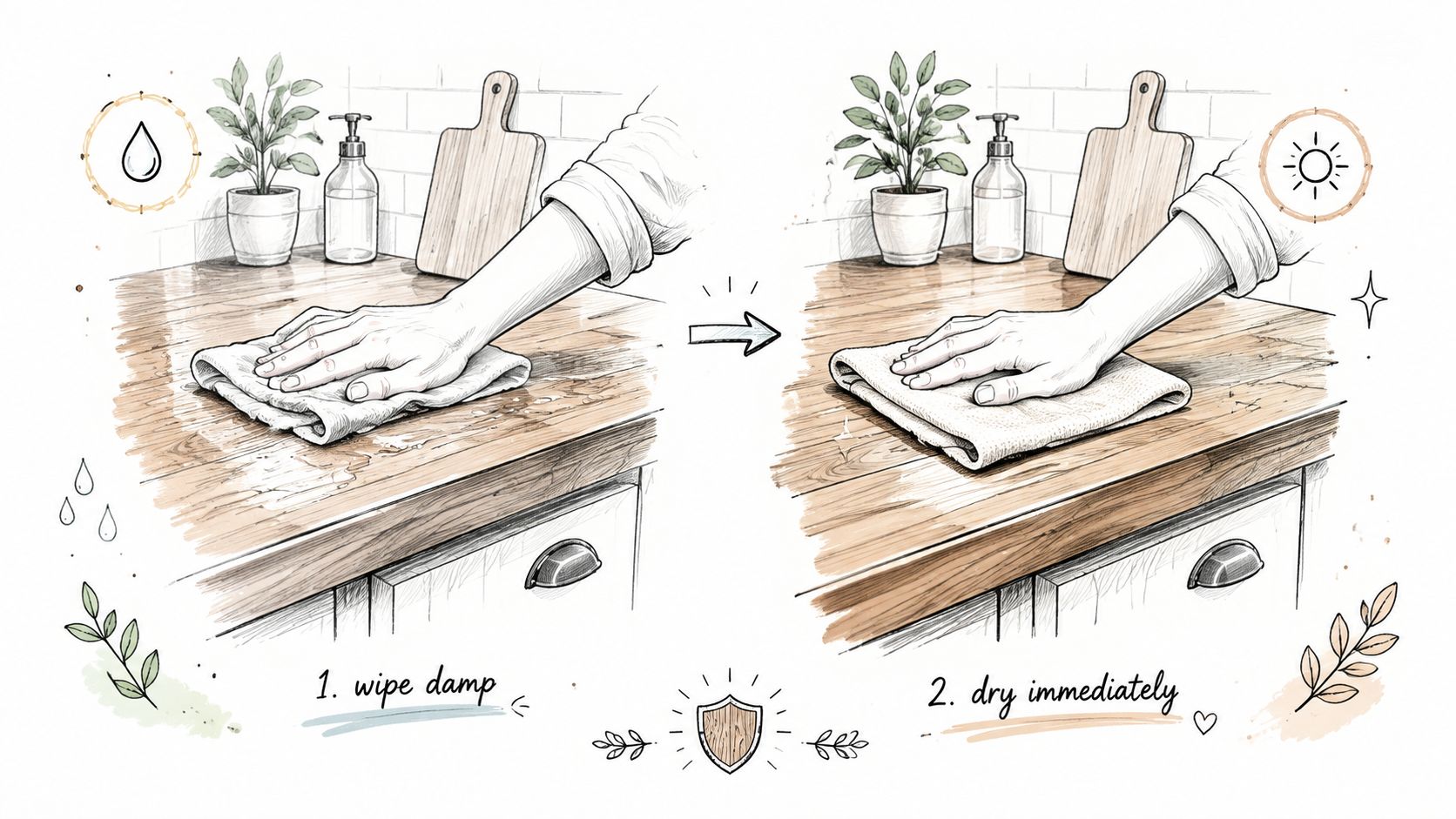 Illustration af rengøring af køkkenbordplade i træ, der viser trin for trin aftørring og øjeblikkelig tørring.
