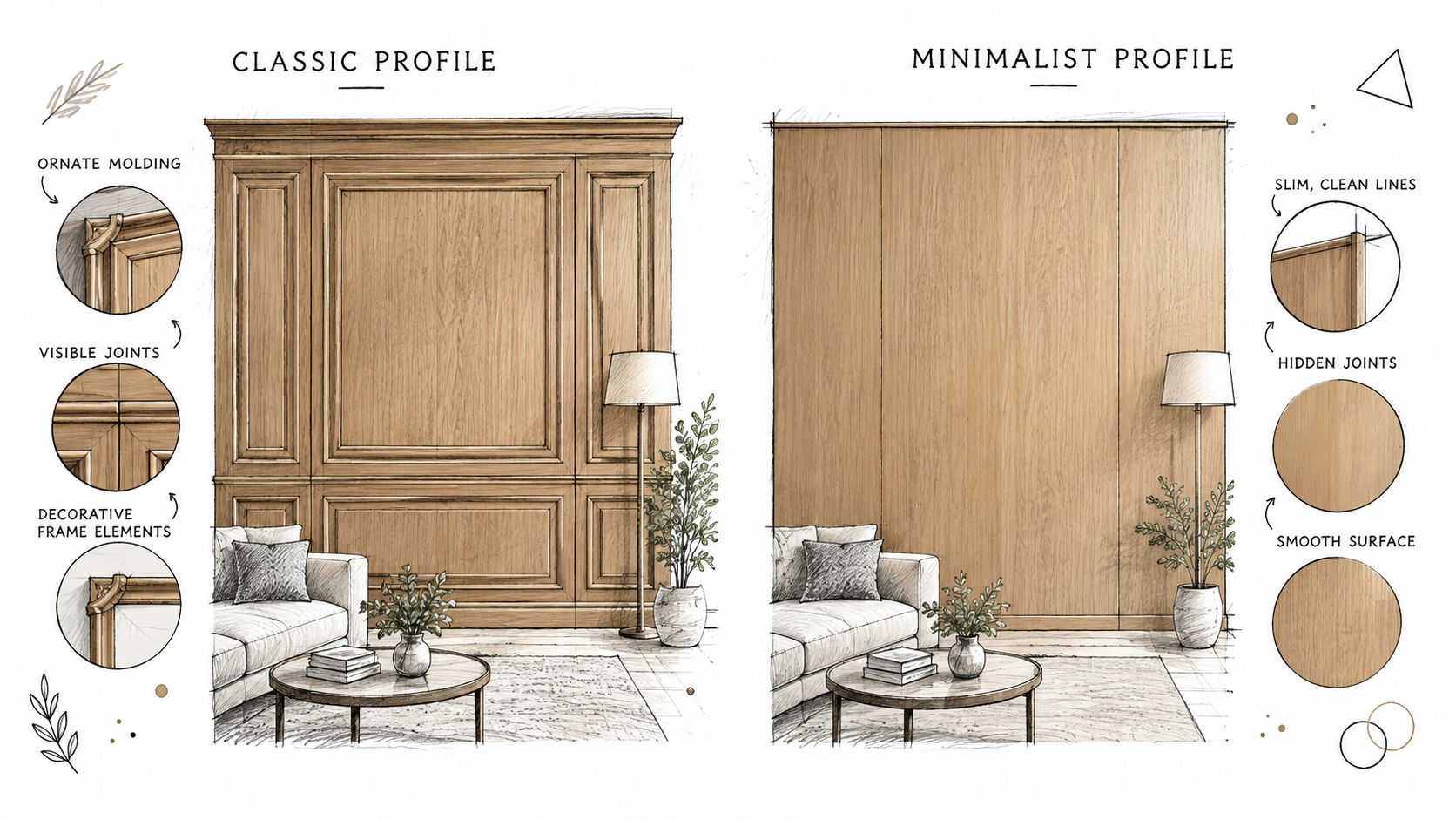 En illustration der sammenligner klassiske træpaneler med detaljeret stuk og moderne minimalistiske, glatte trævægpaneler i en stue.