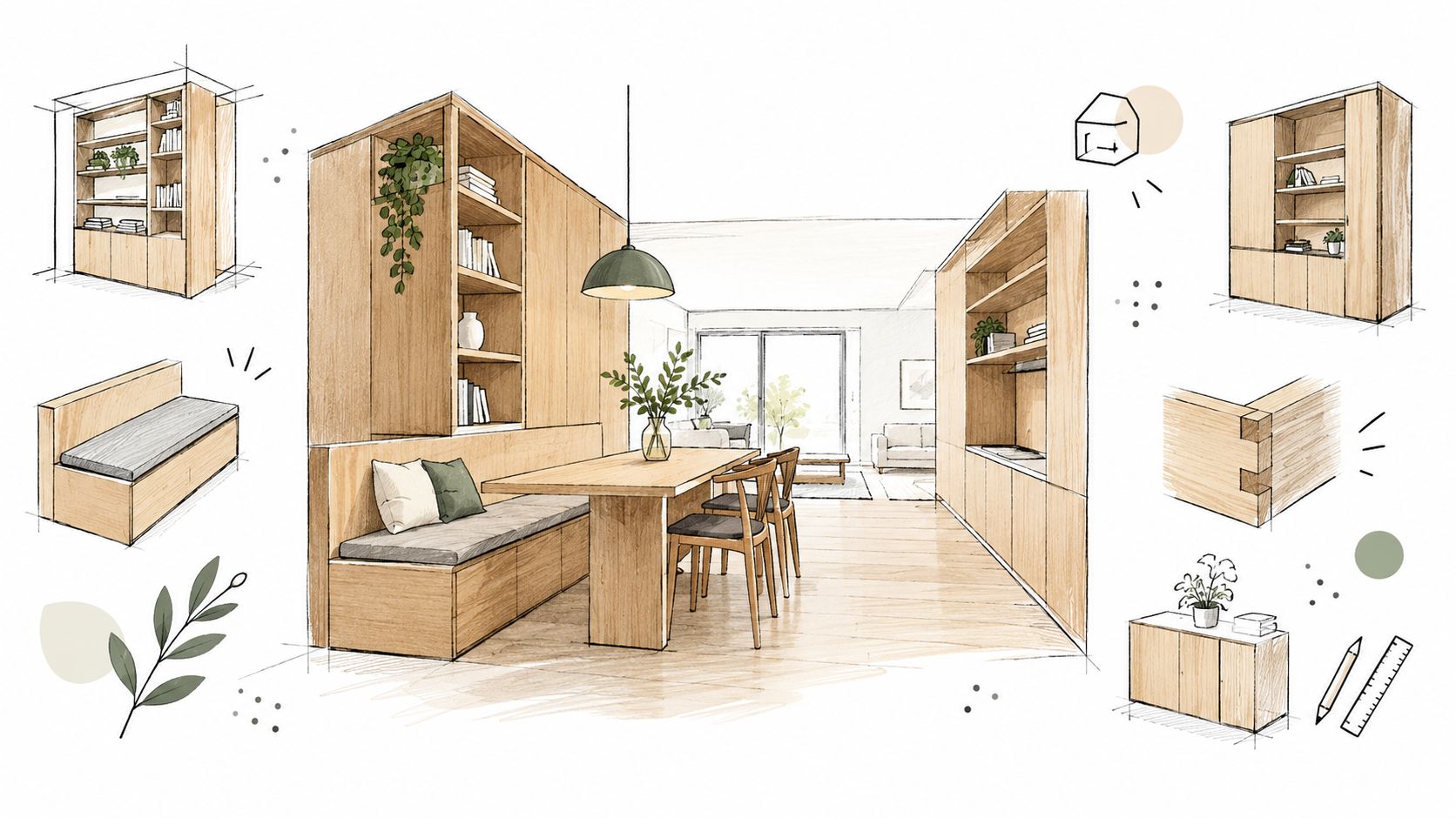 En tegning af en moderne spisestue med indbyggede træmøbler, siddebænke, bogreoler og et minimalistisk spisebord i egetræ.