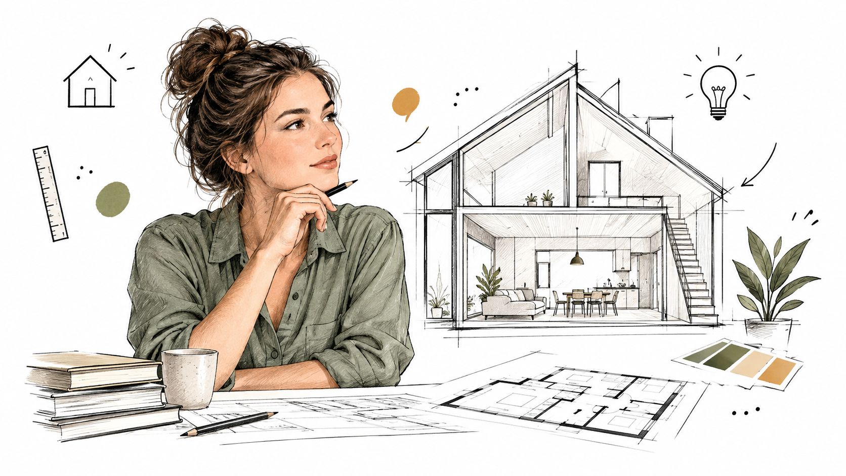 En kvindelig designer overvejer indretning af en herskabslejlighed med plantegninger, skitser og inspiration på sit skrivebord.