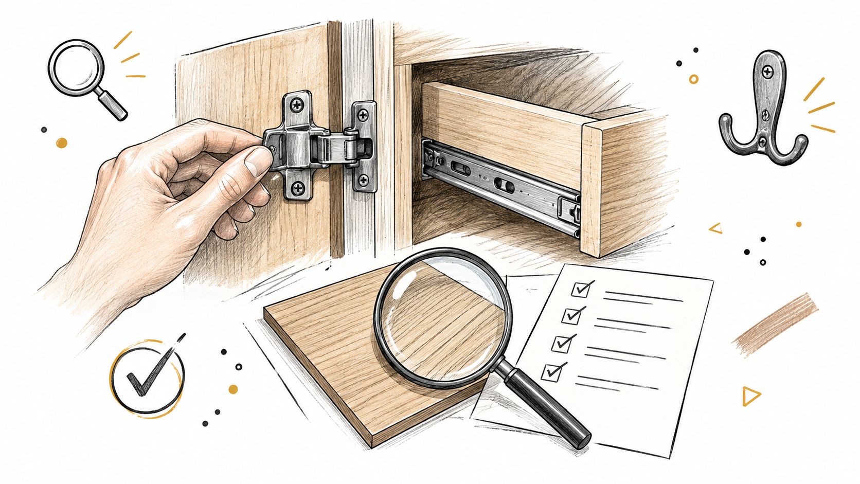 Illustration af møbelmontering med hængsel, skuffeskinne, tjekliste og forstørrelsesglas til renovering af lejlighed.