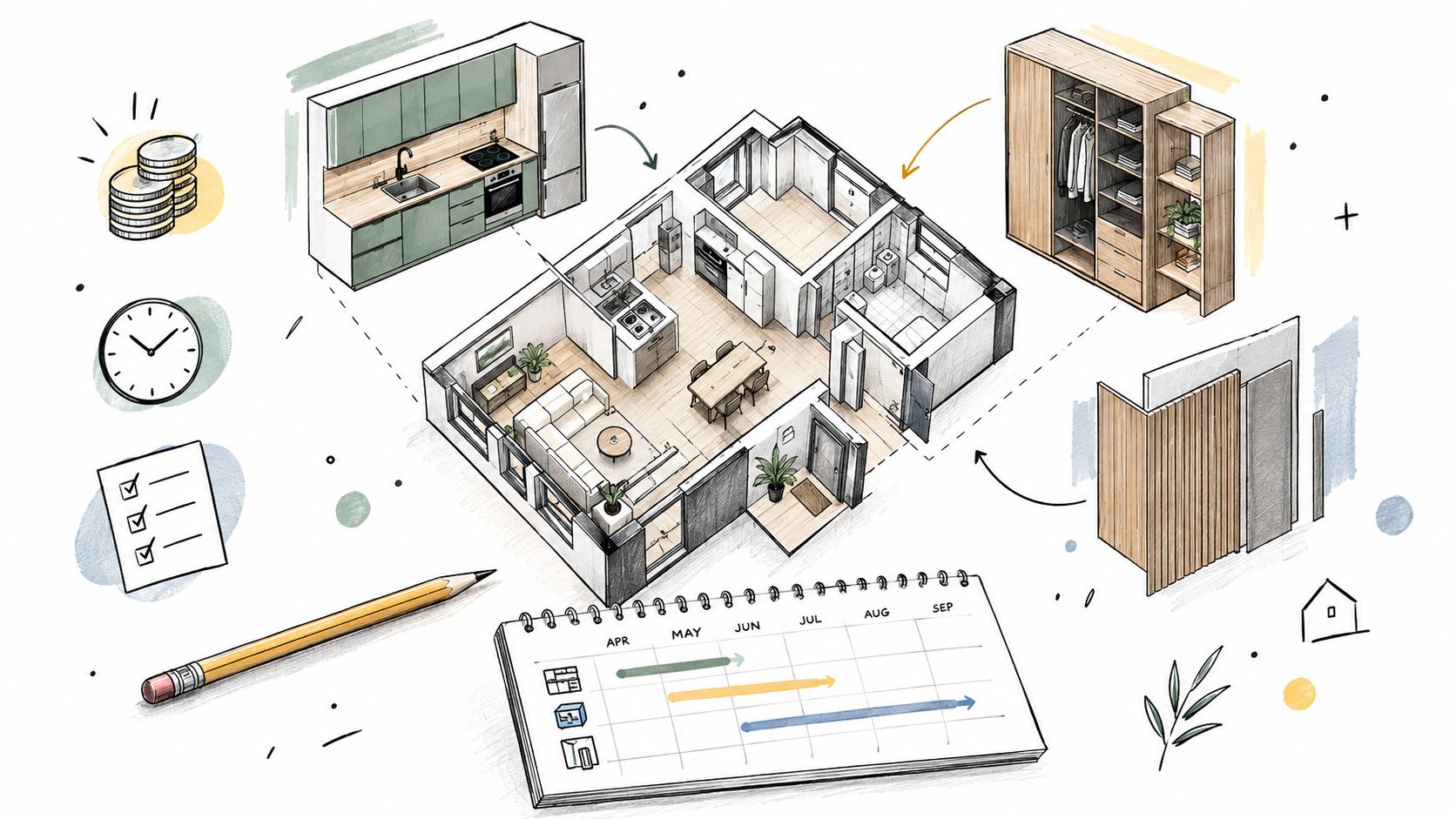 En illustration af en lejlighedsrenovering med plantegning, møbler, tidsplan og økonomisk planlægning for boligforbedring.