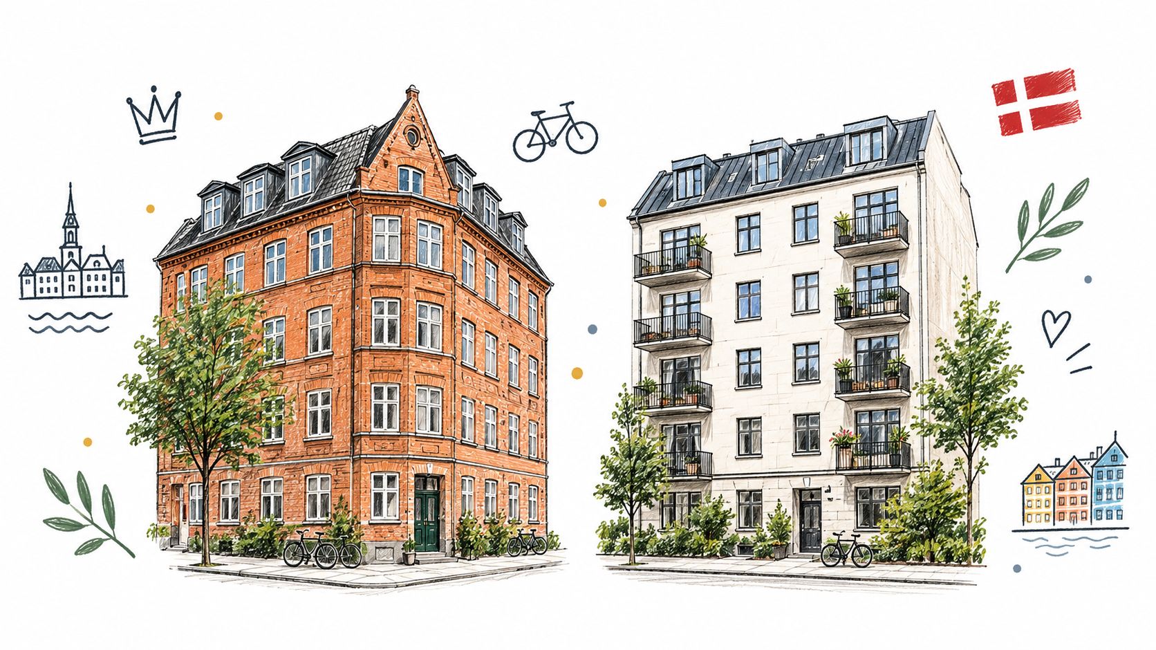 En detaljeret illustration af klassiske københavnske bygninger med røde mursten og hvide facader i en bymidte.