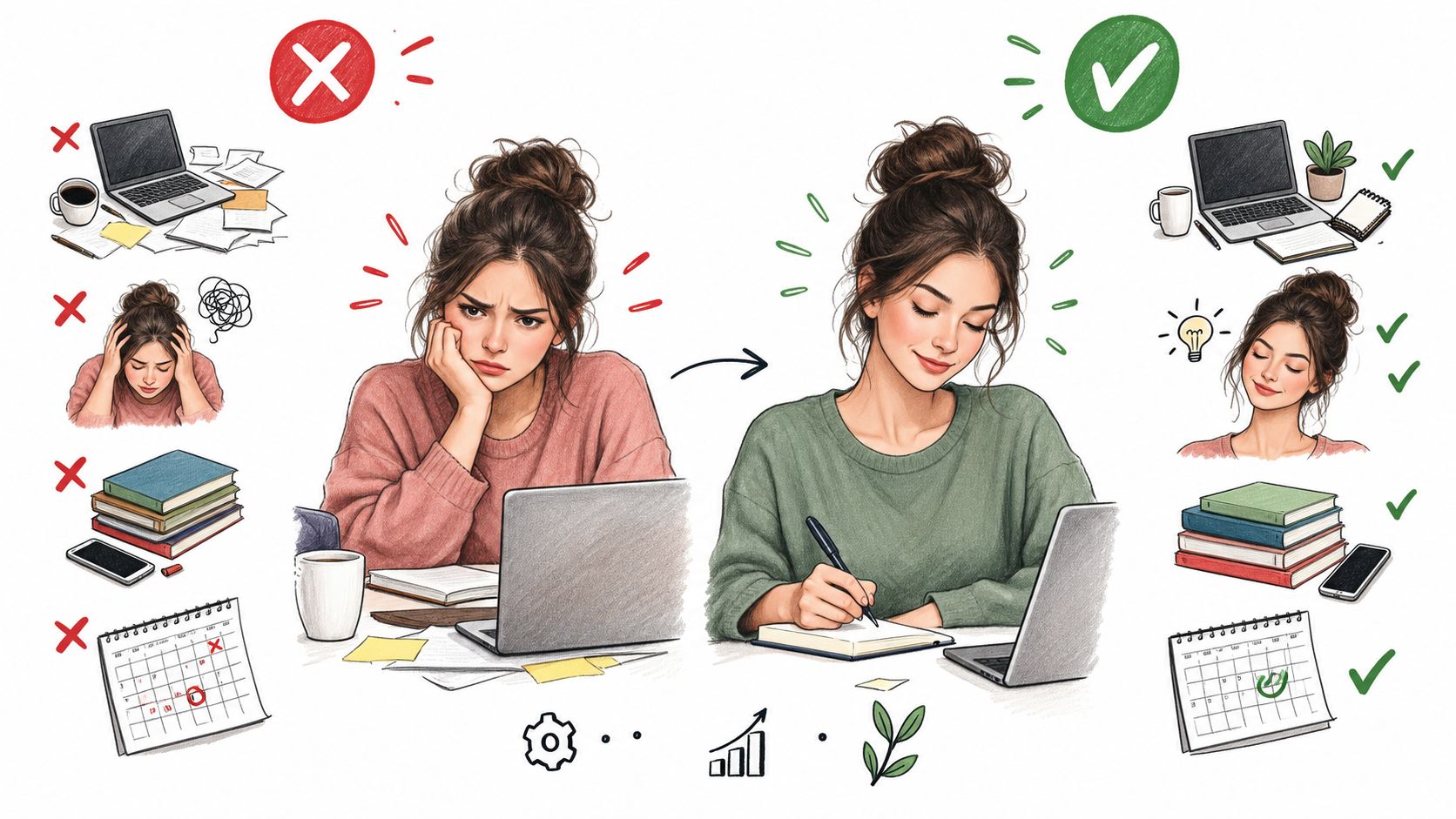 Illustration der viser kontrasten mellem en stresset og en organiseret arbejdsproces for en kvinde ved skrivebordet.