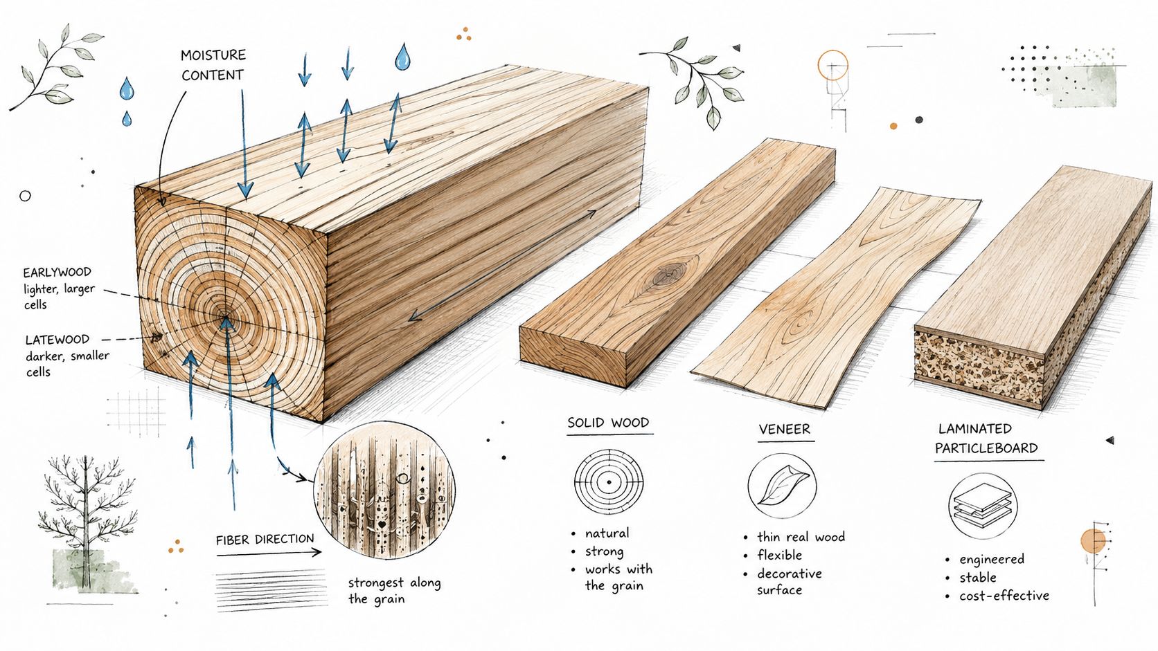 En illustration der viser forskellene mellem massivt træ, finer og lamineret spån lamineret spånplade, samt træets struktur og fiberretning.