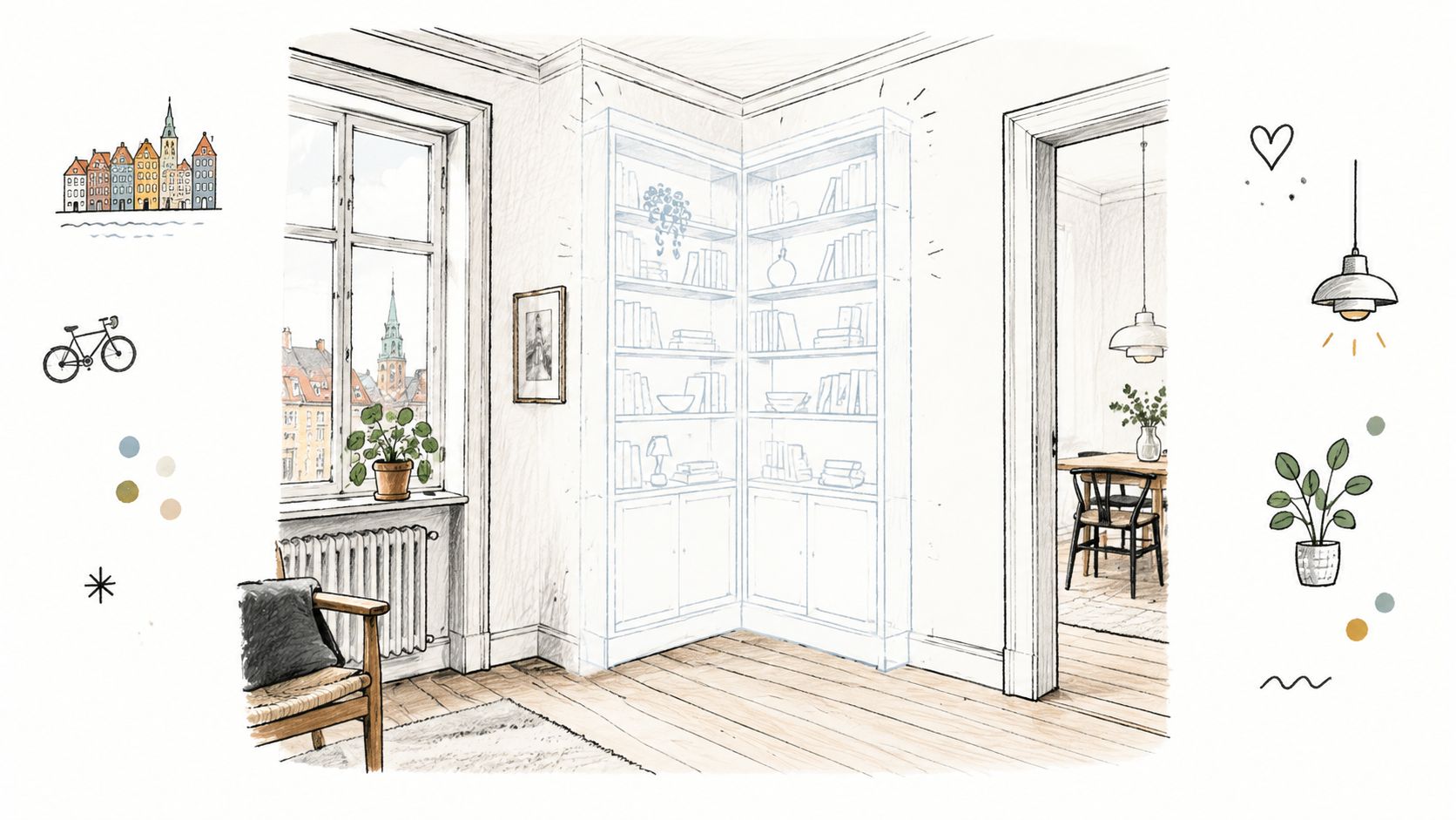 En smuk illustration af en stue med en indbygget hjørnereol, der skaber en hyggelig og stilfuld atmosfære.